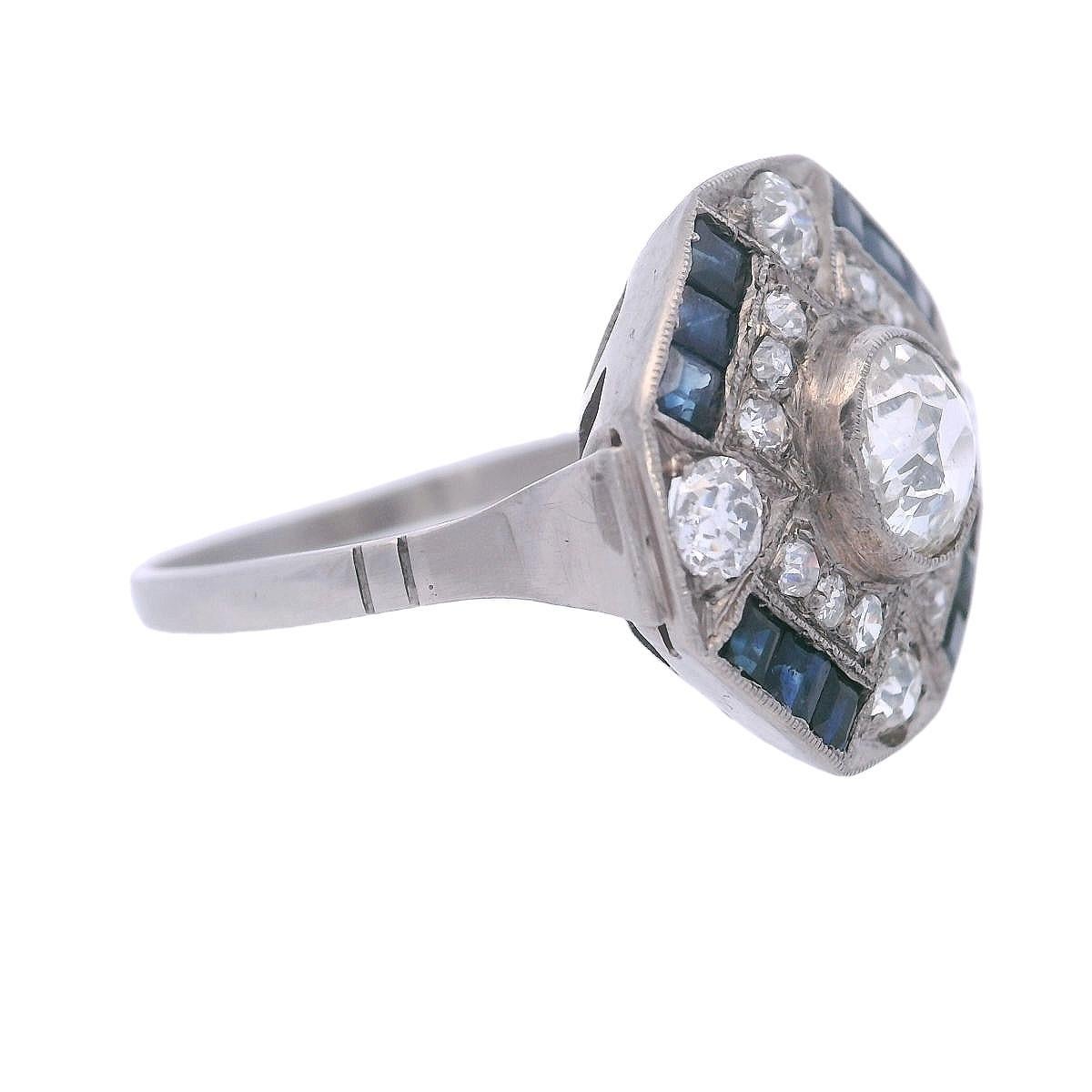 Art Deco 1920 Platinum Ring with 1.90 CTW in Old mine Diamonds and Sapphires For Sale 3