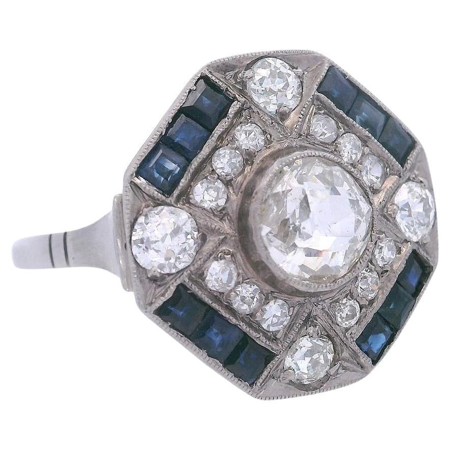 Art Deco 1920 Platinum Ring with 1.90 CTW in Old mine Diamonds and Sapphires