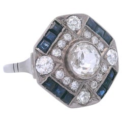 Bague Art déco 1920 avec 1,90 carat de diamants et saphirs de taille vieille mine