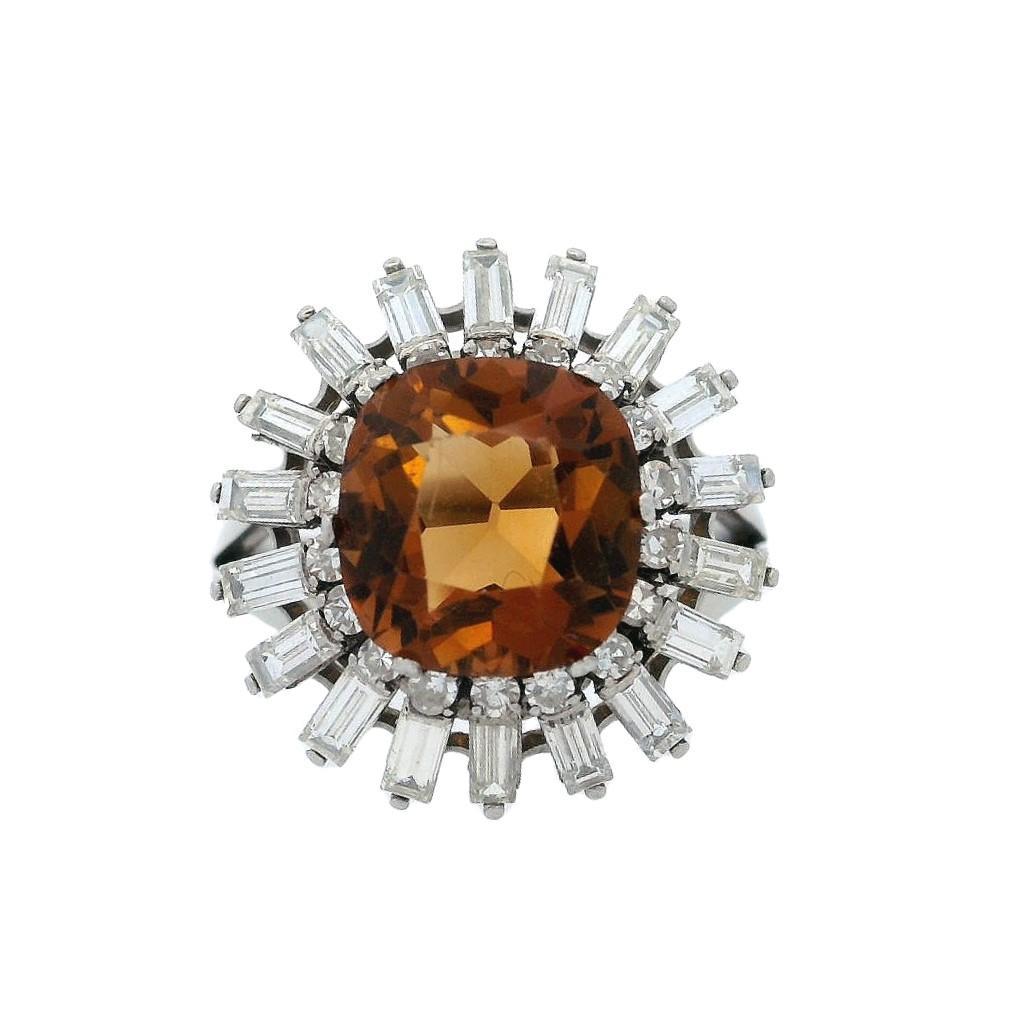 Cushion Cut Art Deco 1920 Platinum Ring with 5.51 CTW in Orange Topaz and Diamonds For Sale