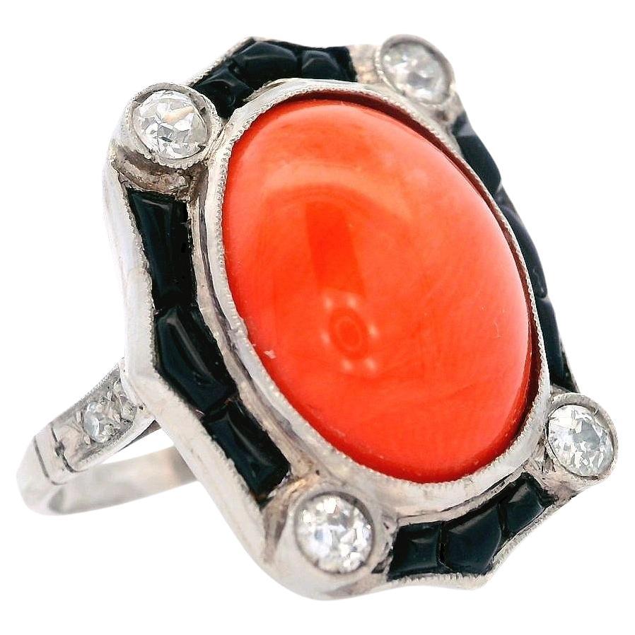 Art Deco 1920 Platinum Ring with Diamonds, Coral and Onyx