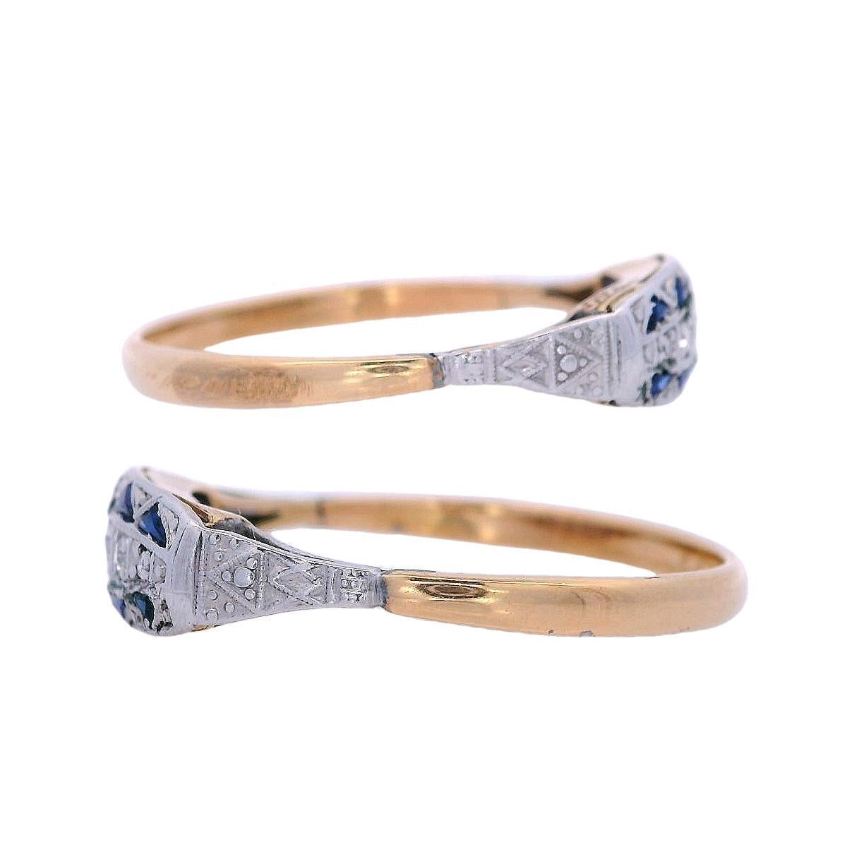 Art Deco 1920 Ring in 18k yellow Gold and Platinum with Diamonds & Sapphires In Excellent Condition For Sale In Aventura, FL