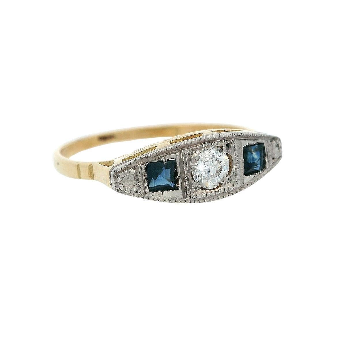Art Déco Anello Art Deco 1920 in oro 18kt e platino con diamante e zaffiro in vendita