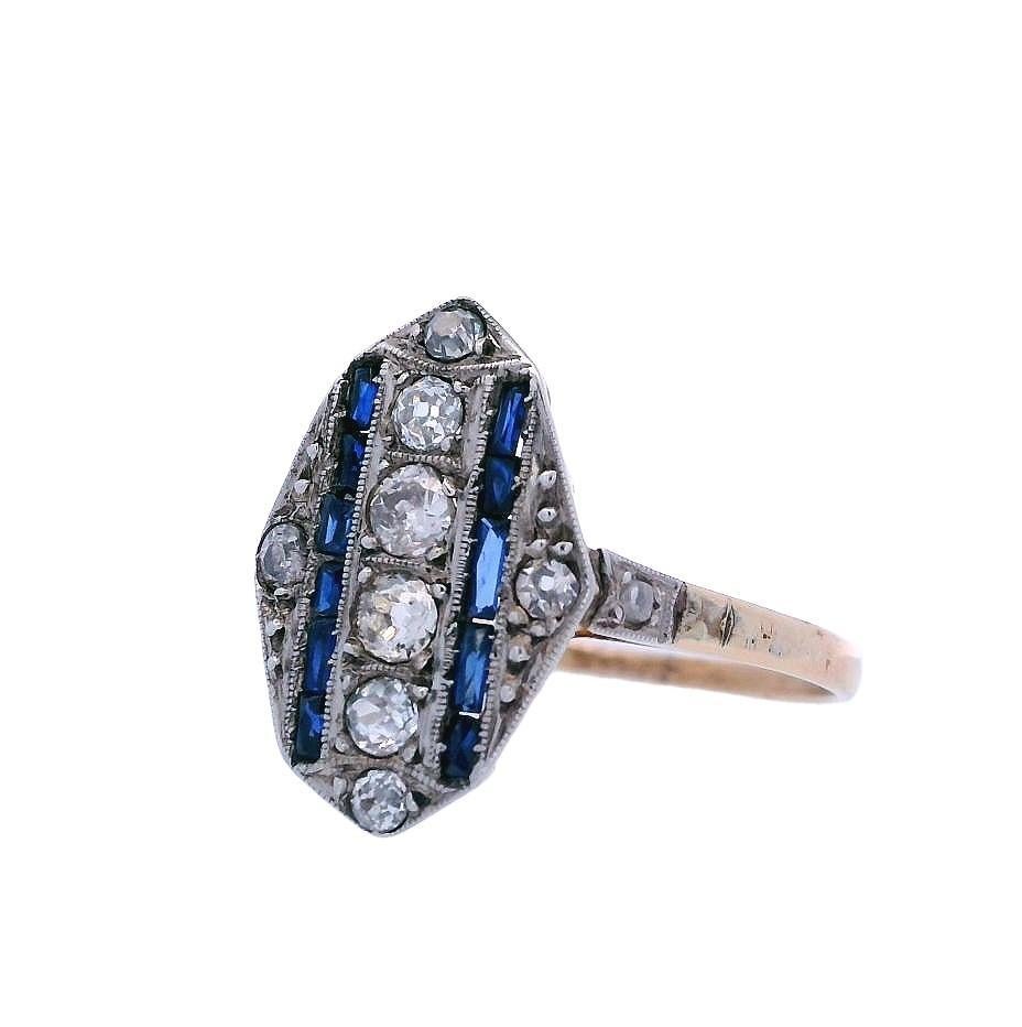 Bague Art déco 1920 en or 18 carats et platine avec diamants et saphirs Unisexe en vente