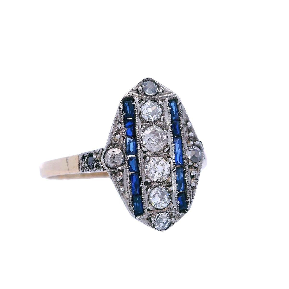Bague Art déco 1920 en or 18 carats et platine avec diamants et saphirs en vente 1