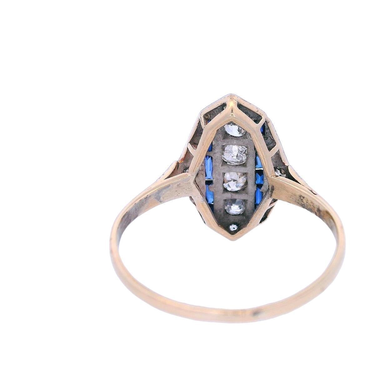 Bague Art déco 1920 en or 18 carats et platine avec diamants et saphirs en vente 2