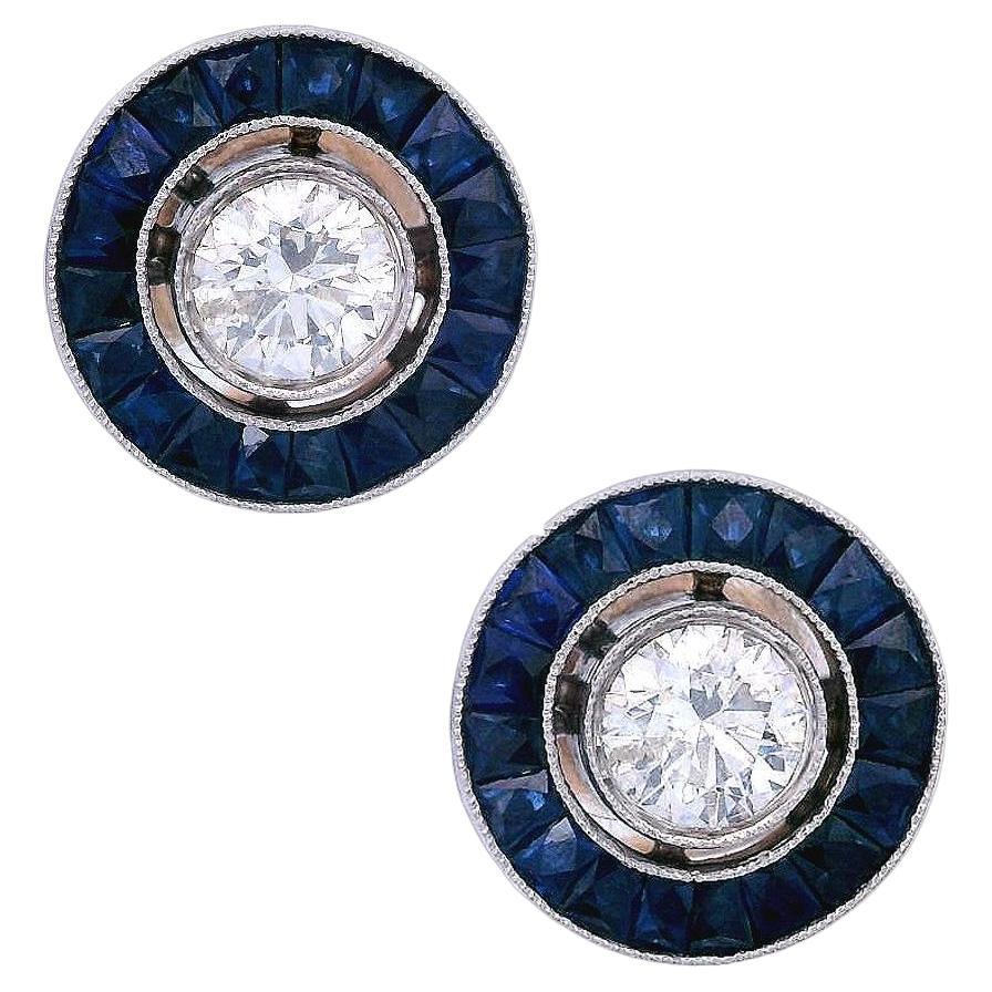 Art Déco 1920 Objetivo Pendientes de oro de 14 kt y platino Diamantes y zafiros