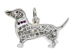 Art Deco 1920s 0.25 Carat Diamond Ruby Platinum Dachshund Dog Charm