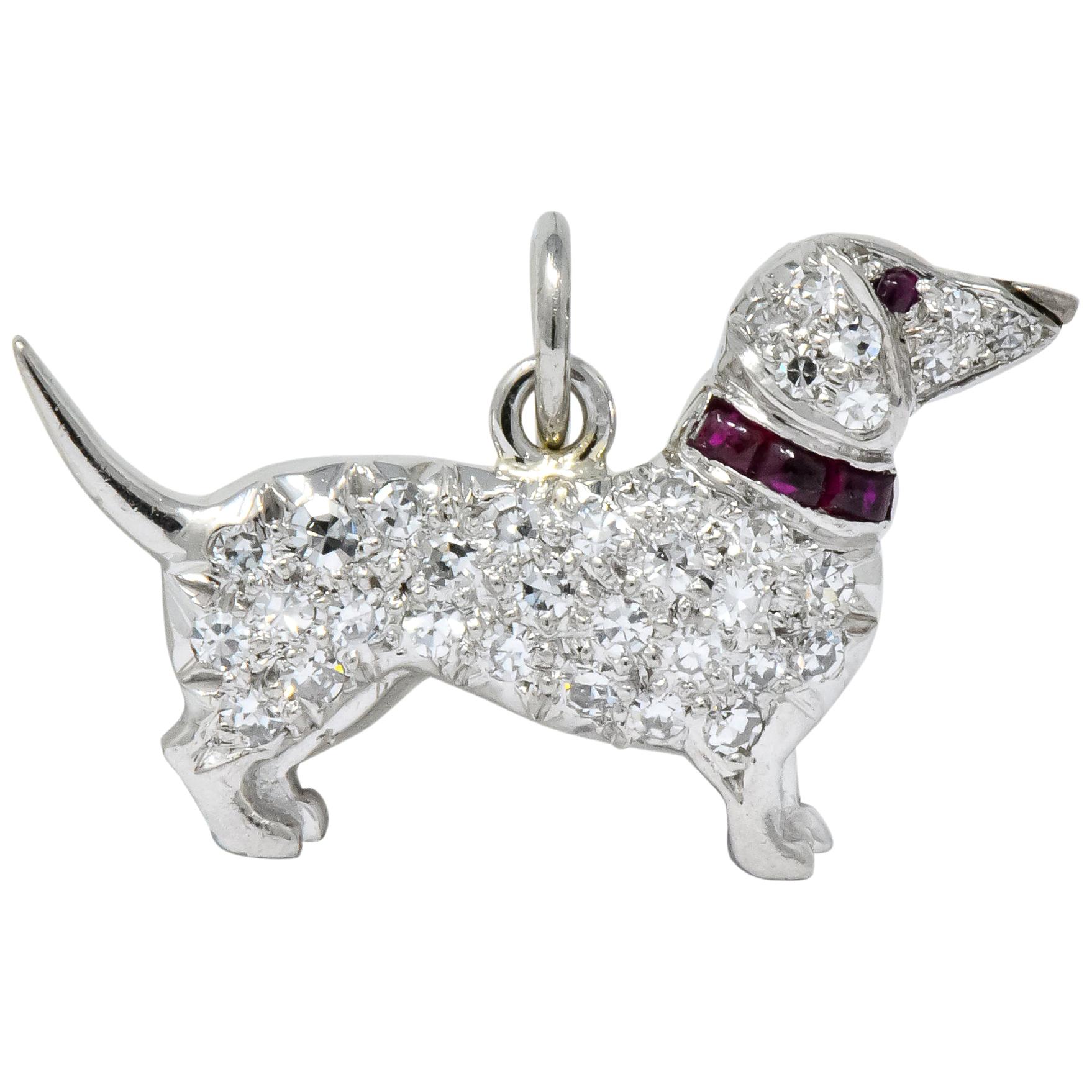 Art Deco 1920s 0.25 Carat Diamond Ruby Platinum Dachshund Dog Charm