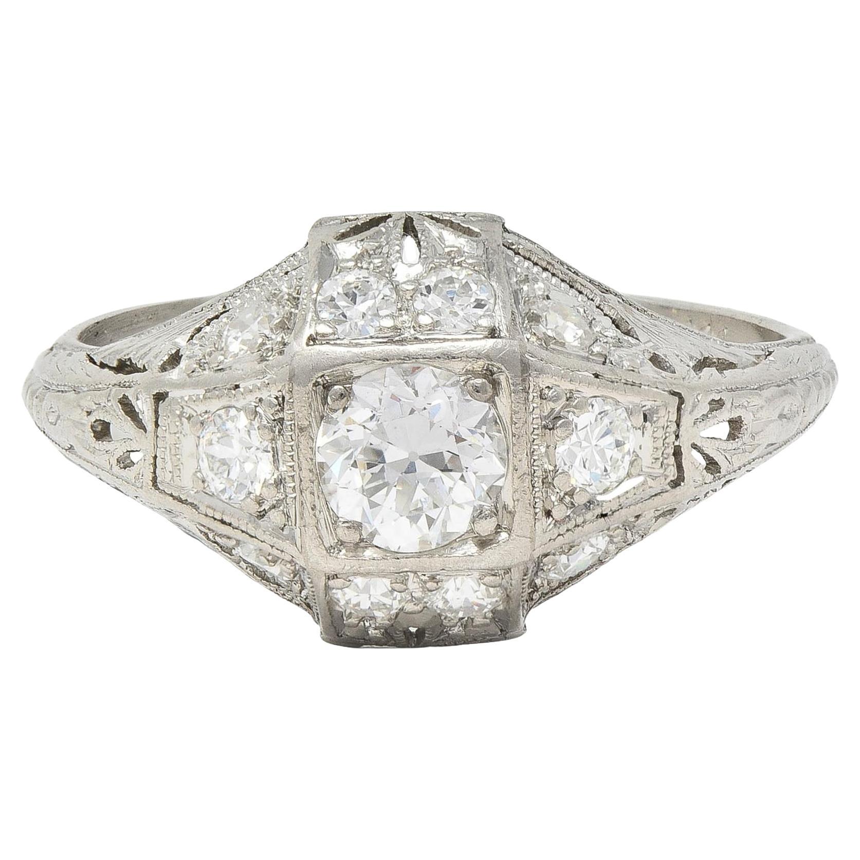 Anillo de compromiso Art Decó 1920 0.75 CTW Diamante Platino Antiguo Quatrefoil