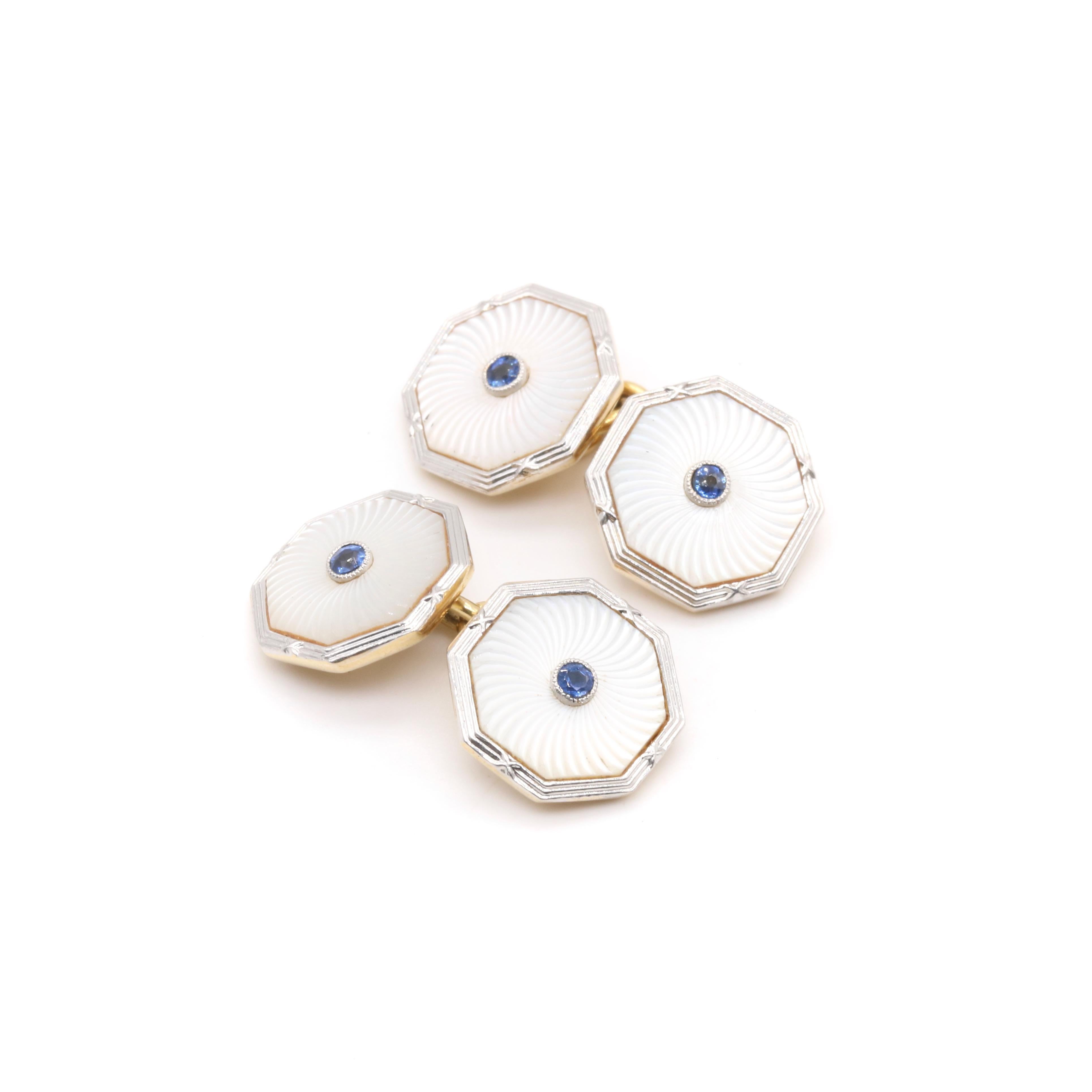 Art Deco 1920s 18K Gold &Platinum Mother of Pearl & Sapphire Dress Stud Set In Good Condition For Sale In Staines-Upon-Thames, GB
