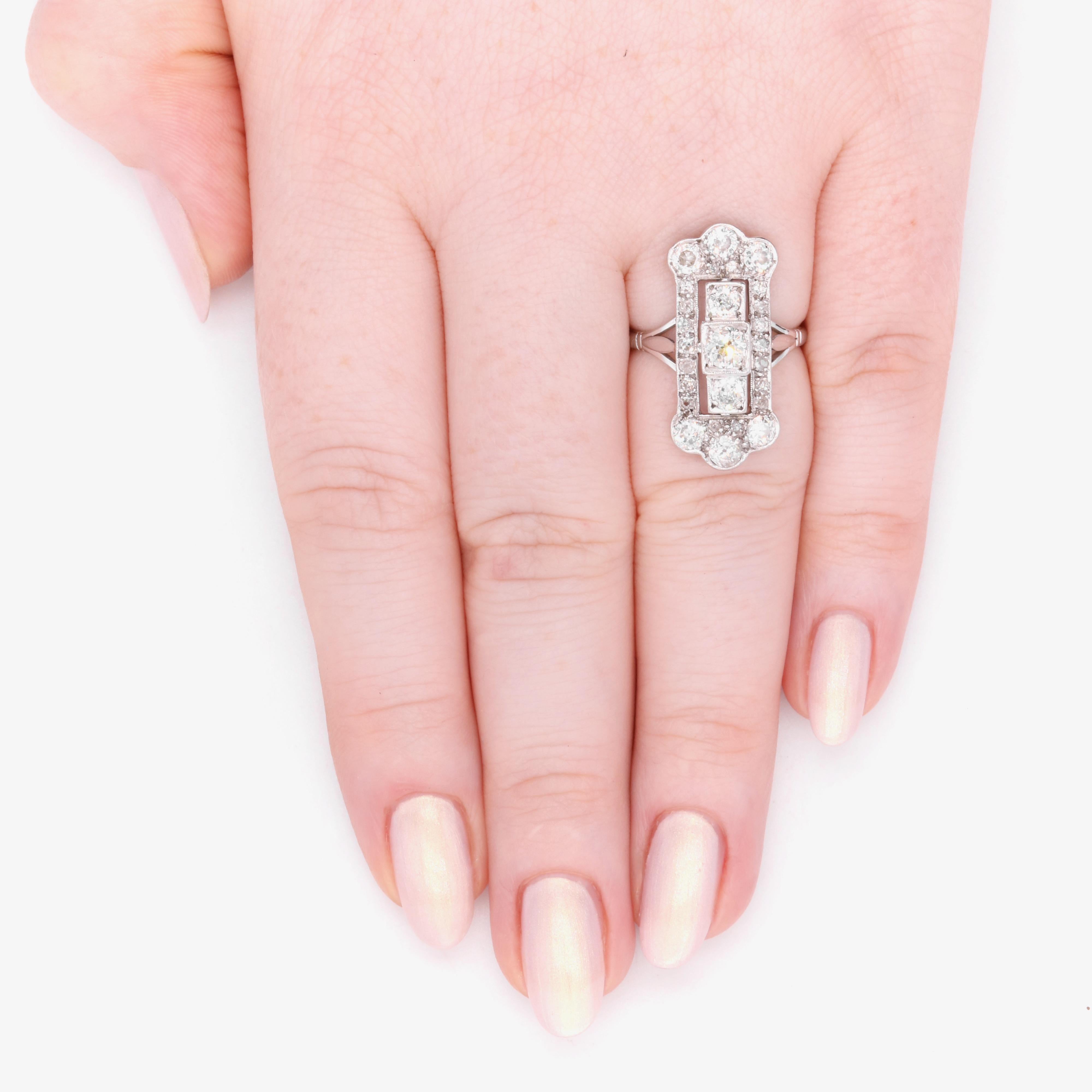 Art Deco 1920s 18K White Gold 1.54ctw Old European Cut Diamond Panel Ring For Sale 6