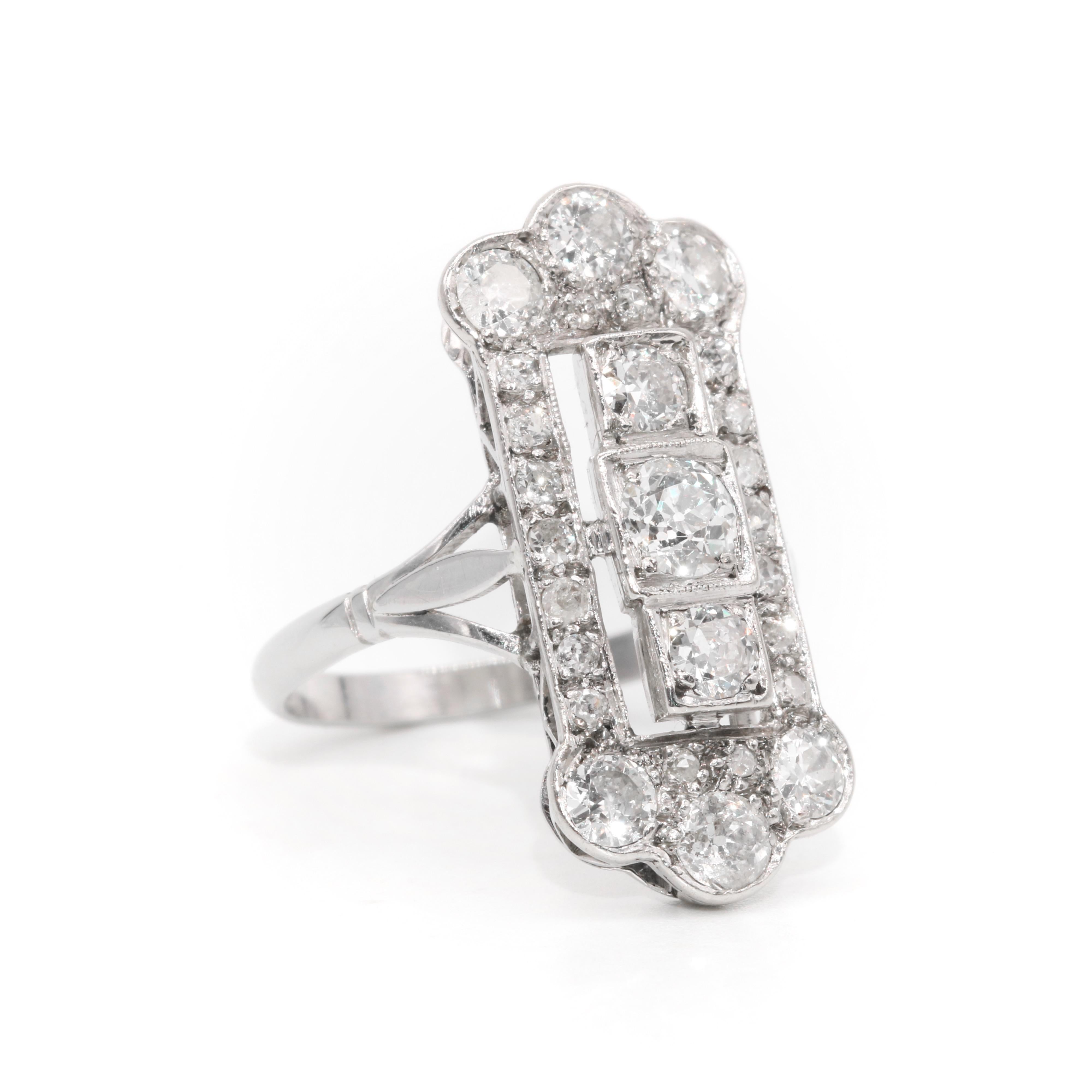 Women's or Men's Art Deco 1920s 18K White Gold 1.54ctw Old European Cut Diamond Panel Ring For Sale
