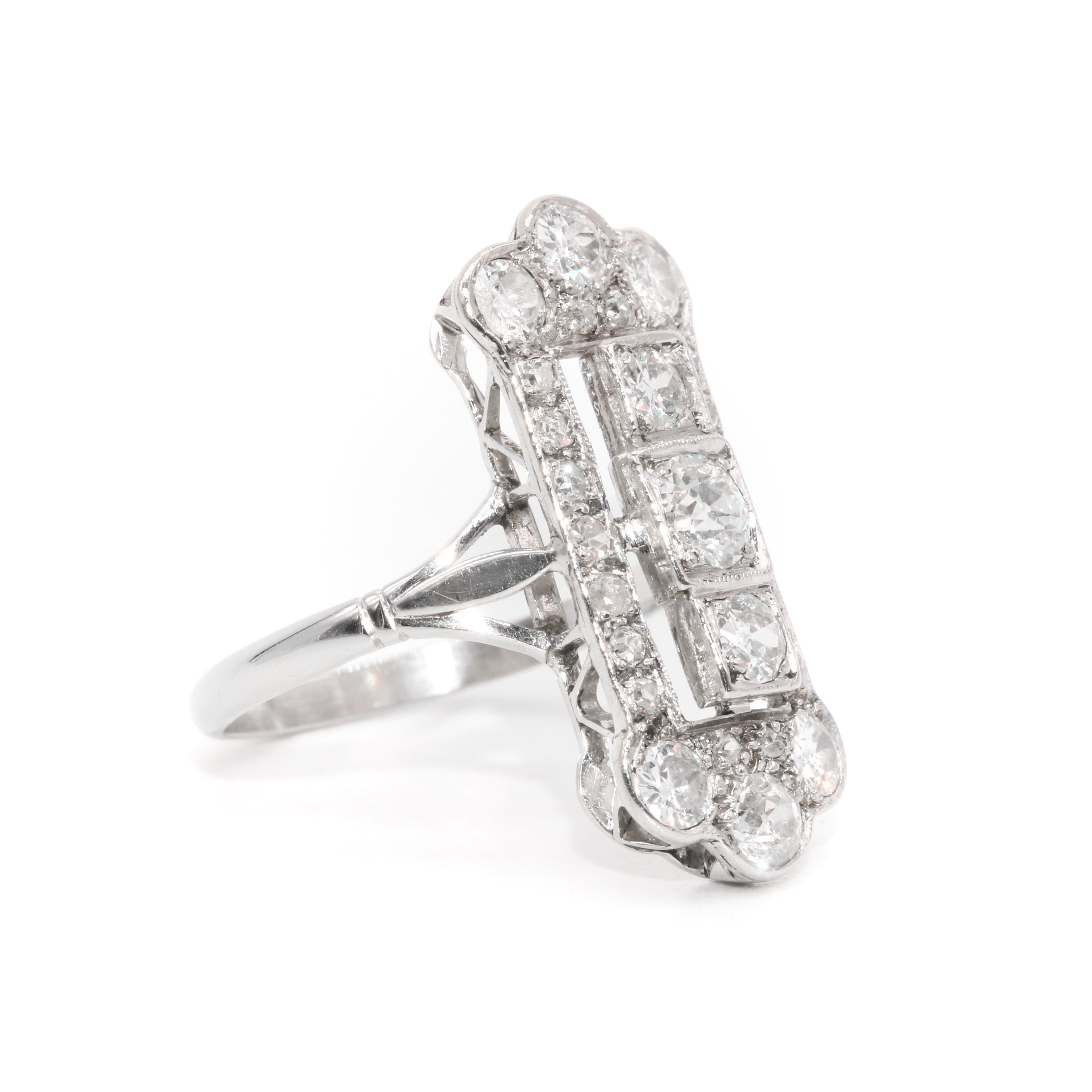 Art Deco 1920s 18K White Gold 1.54ctw Old European Cut Diamond Panel Ring For Sale 1