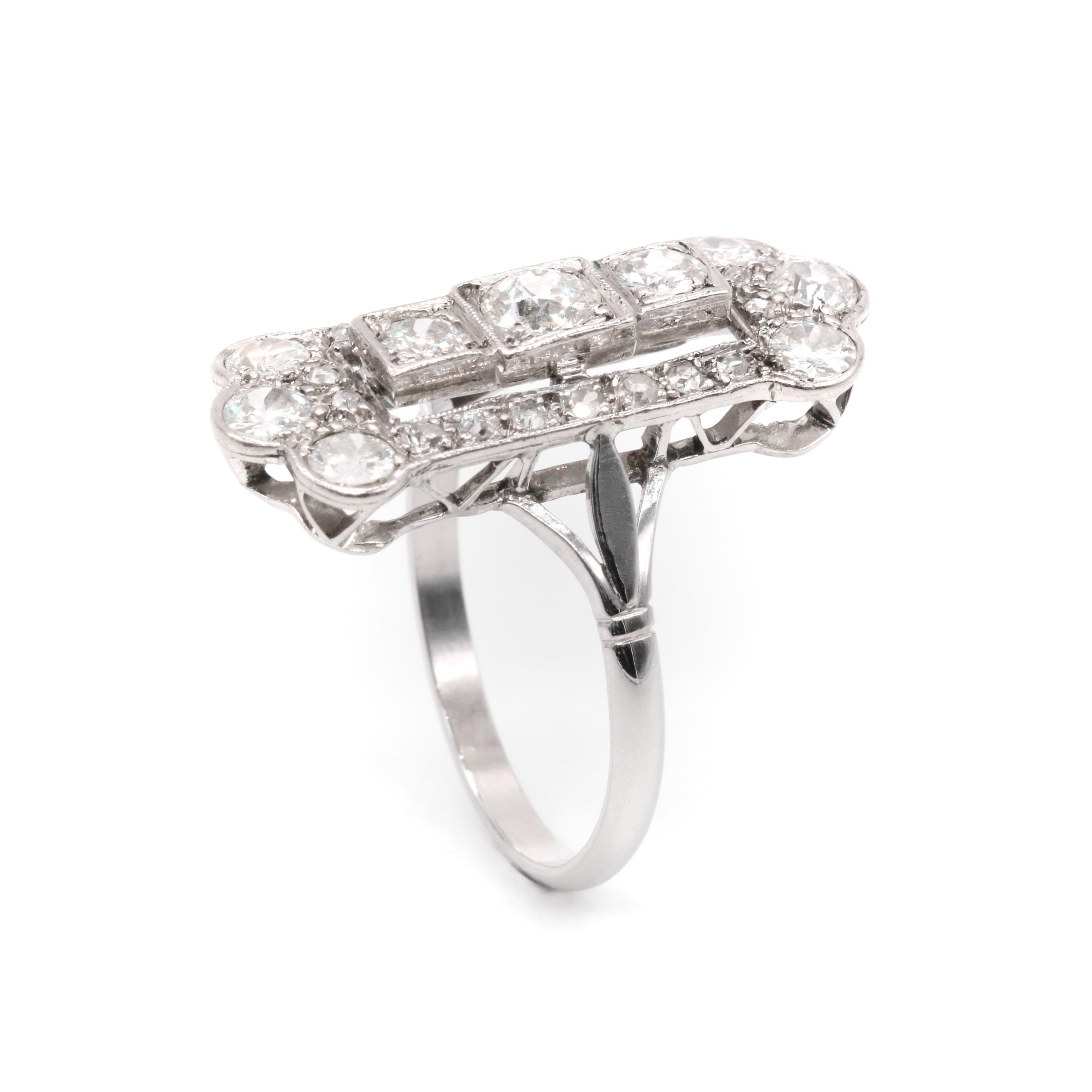 Art Deco 1920s 18K White Gold 1.54ctw Old European Cut Diamond Panel Ring For Sale 4