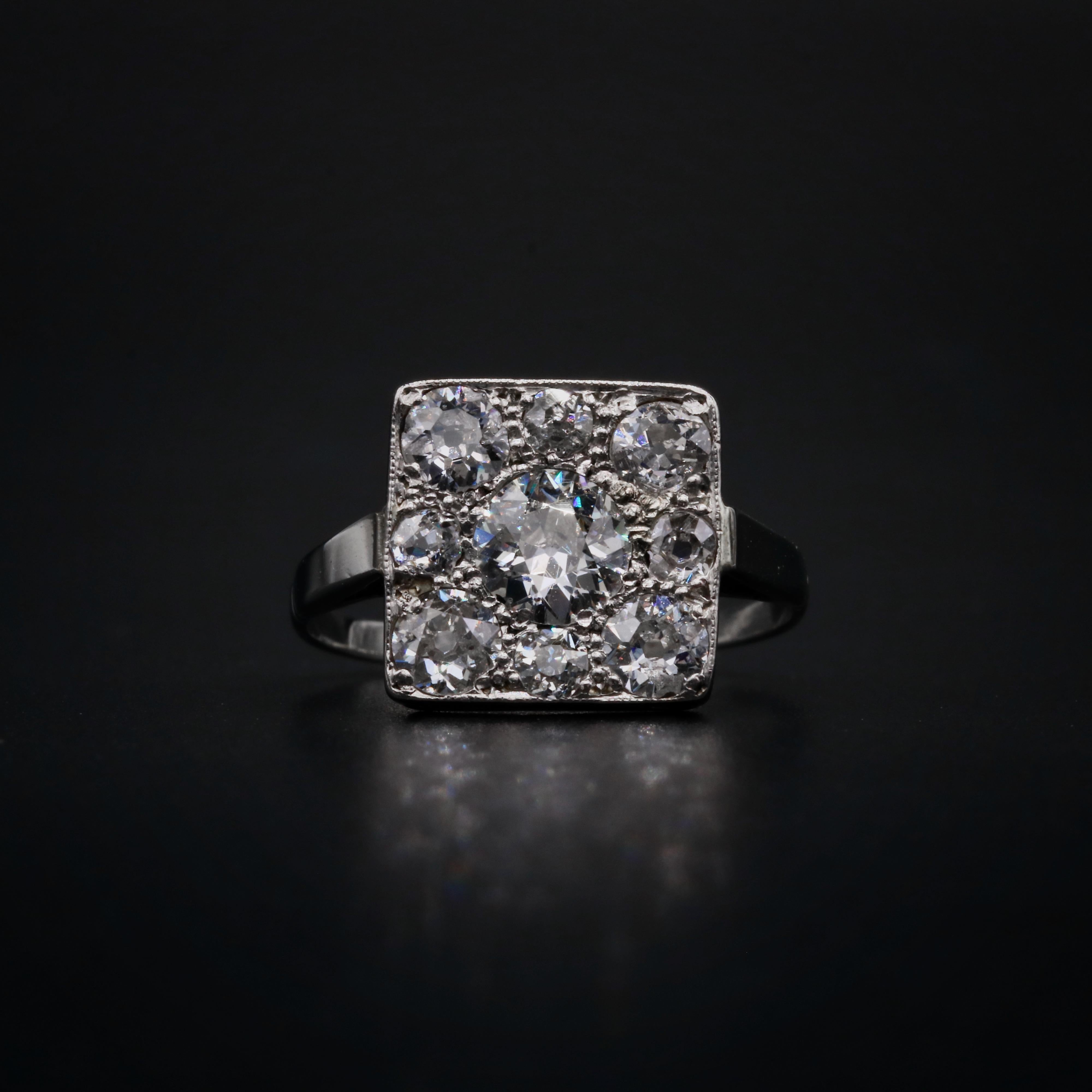 Old European Cut Art Deco 1920s 18K White Gold 9 Stone 1.61ct Diamond Ring For Sale