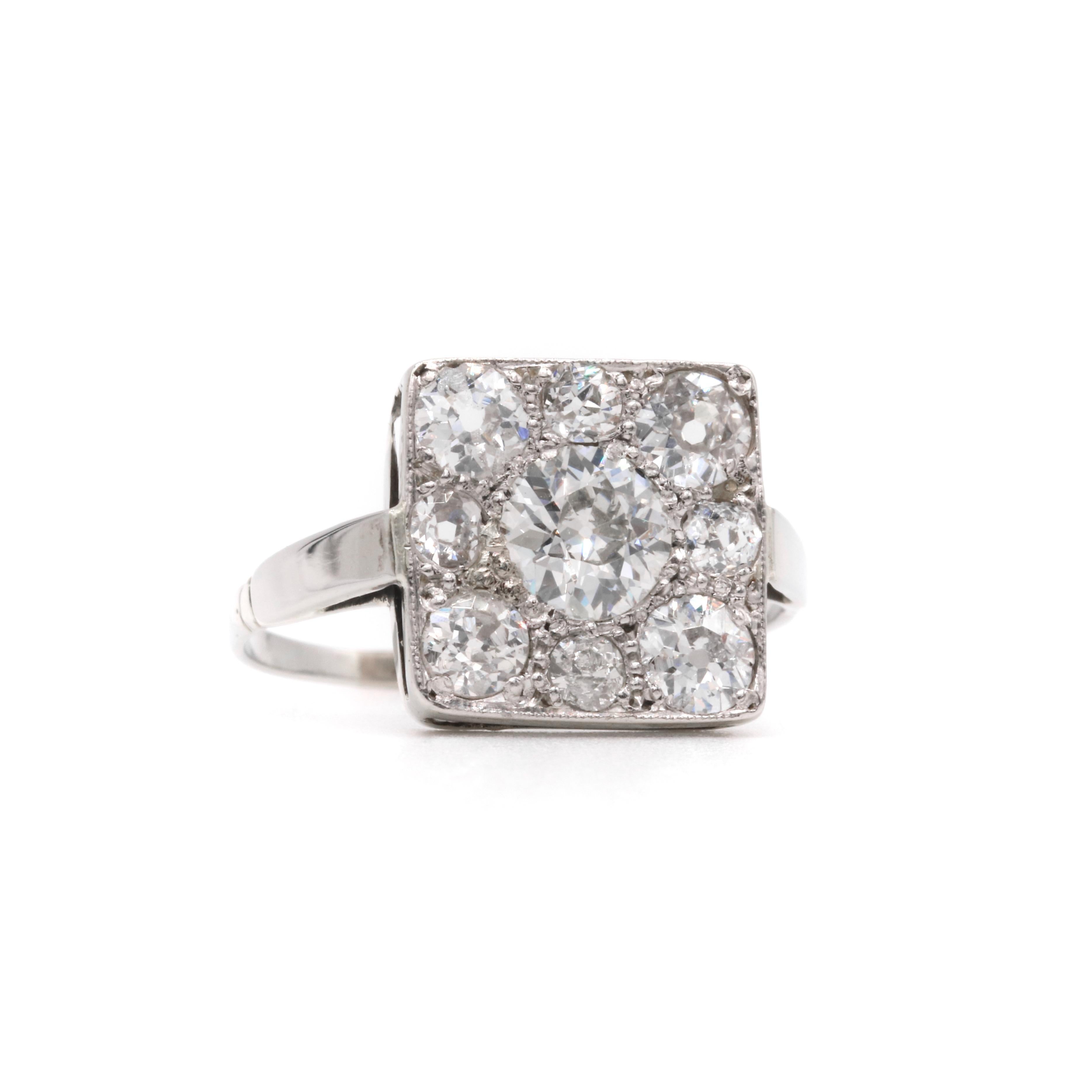 Art Deco 1920s 18K White Gold 9 Stone 1.61ct Diamond Ring In Good Condition For Sale In Staines-Upon-Thames, GB