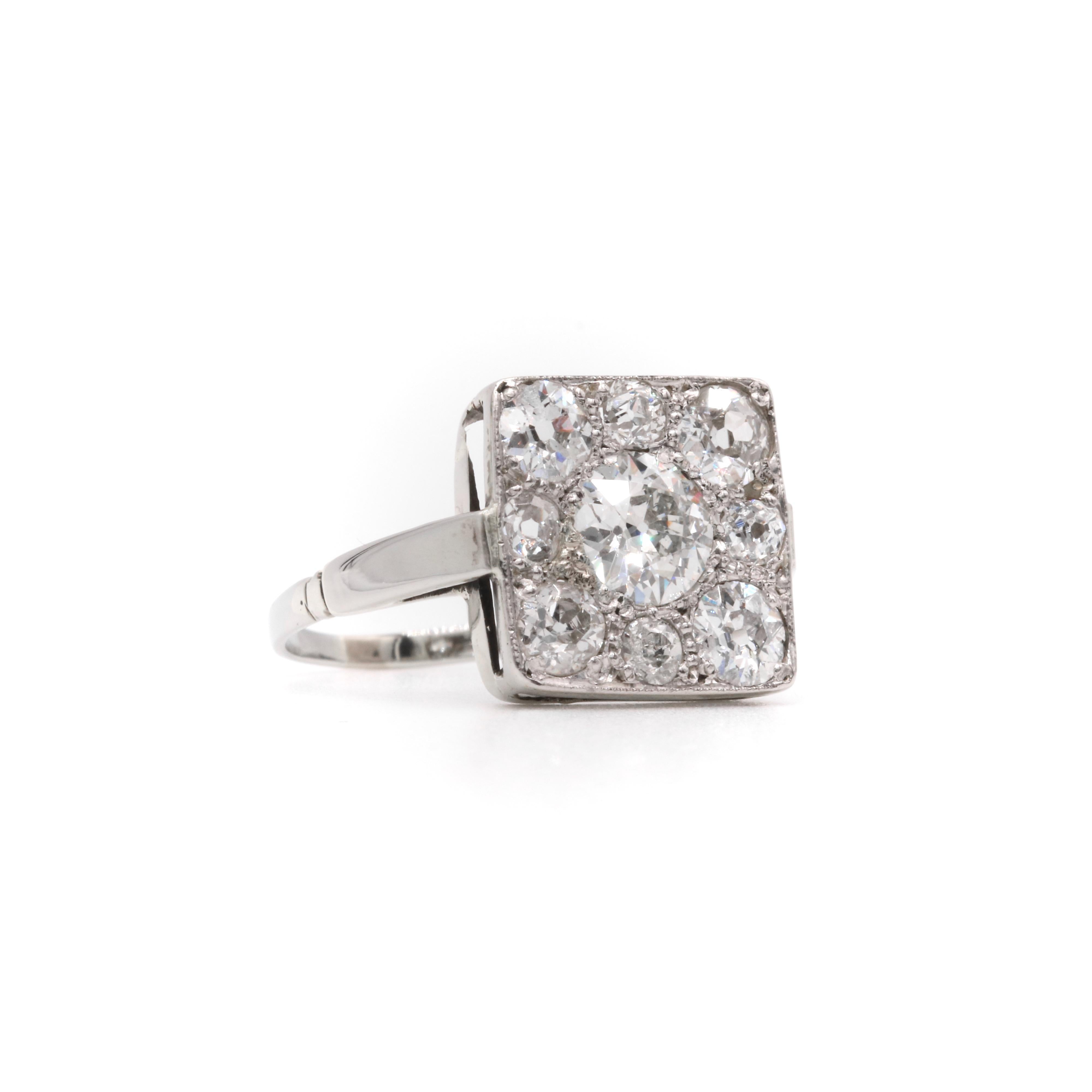Art Deco 1920s 18K White Gold 9 Stone 1.61ct Diamond Ring For Sale 1