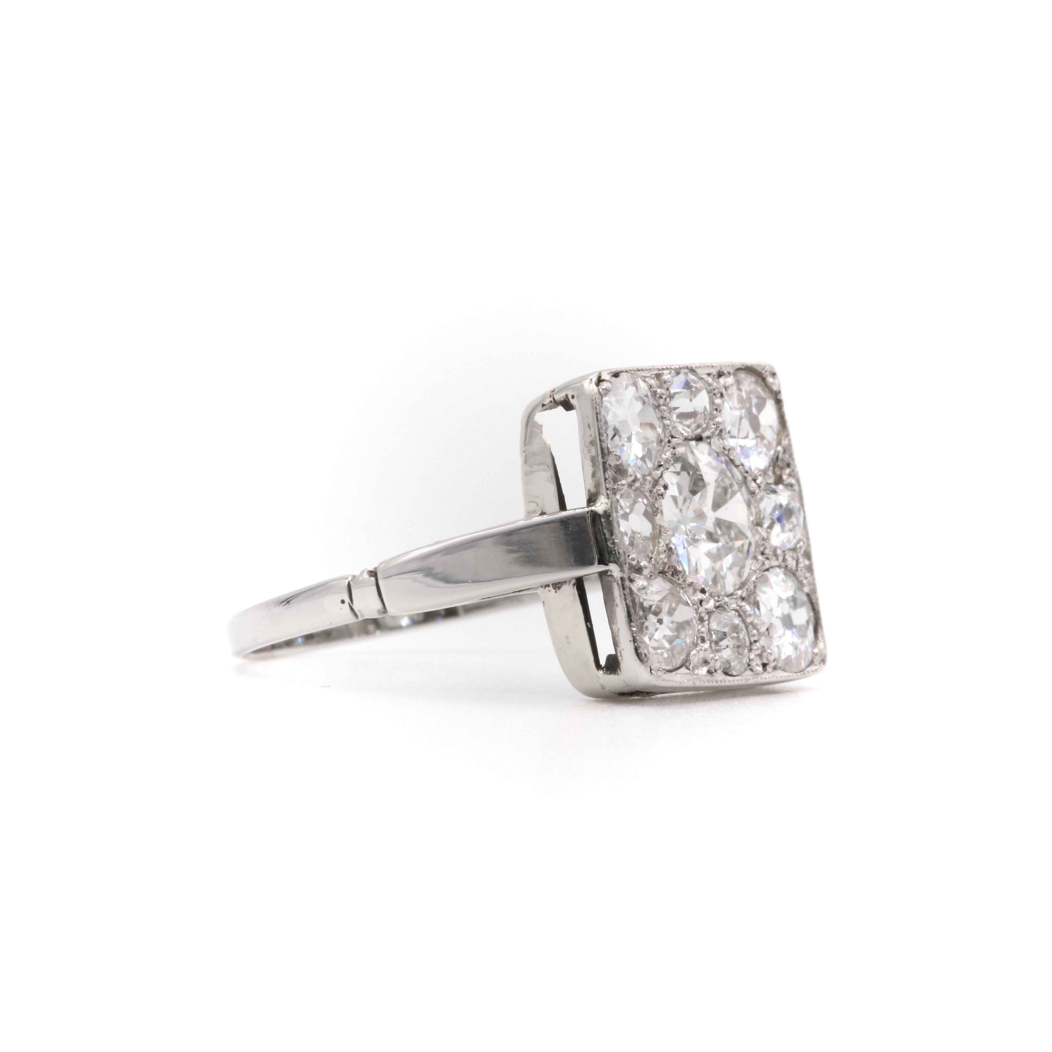 Art Deco 1920s 18K White Gold 9 Stone 1.61ct Diamond Ring For Sale 2