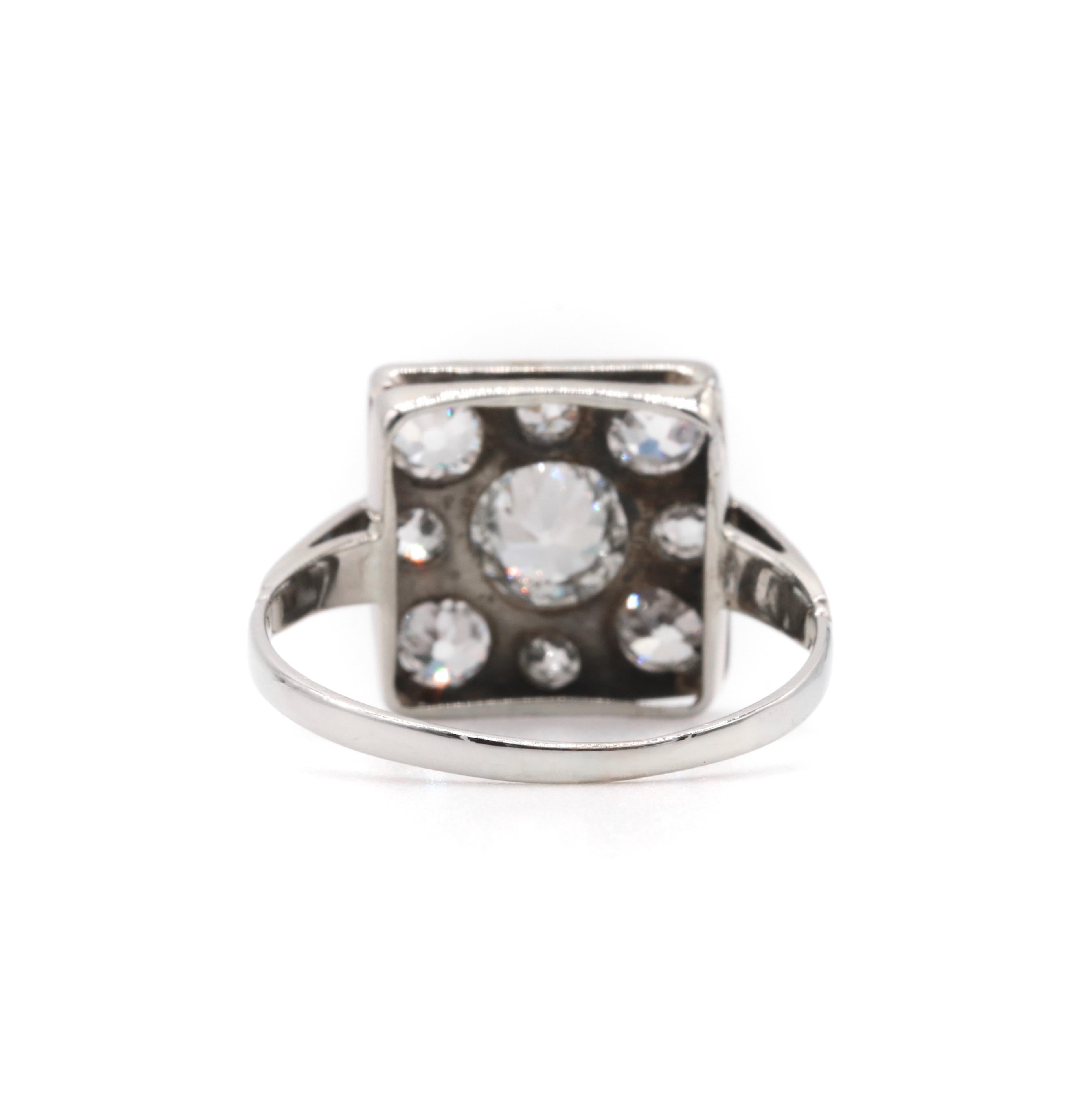 Art Deco 1920s 18K White Gold 9 Stone 1.61ct Diamond Ring For Sale 3