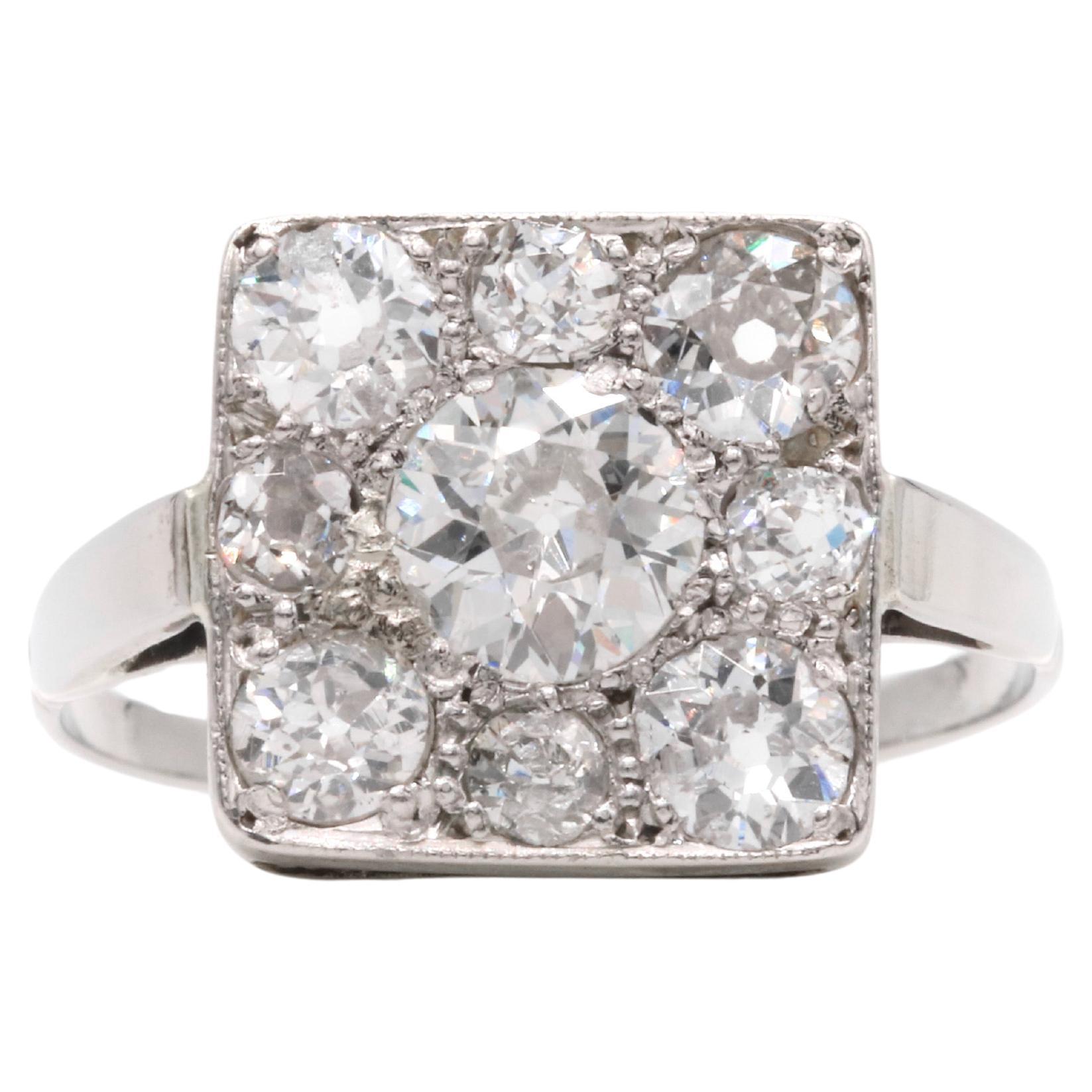 Art Deco 1920s 18K White Gold 9 Stone 1.61ct Diamond Ring For Sale