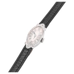 Art Deco 1920s 18K White Gold Diamond Watch with Black Leather Strap