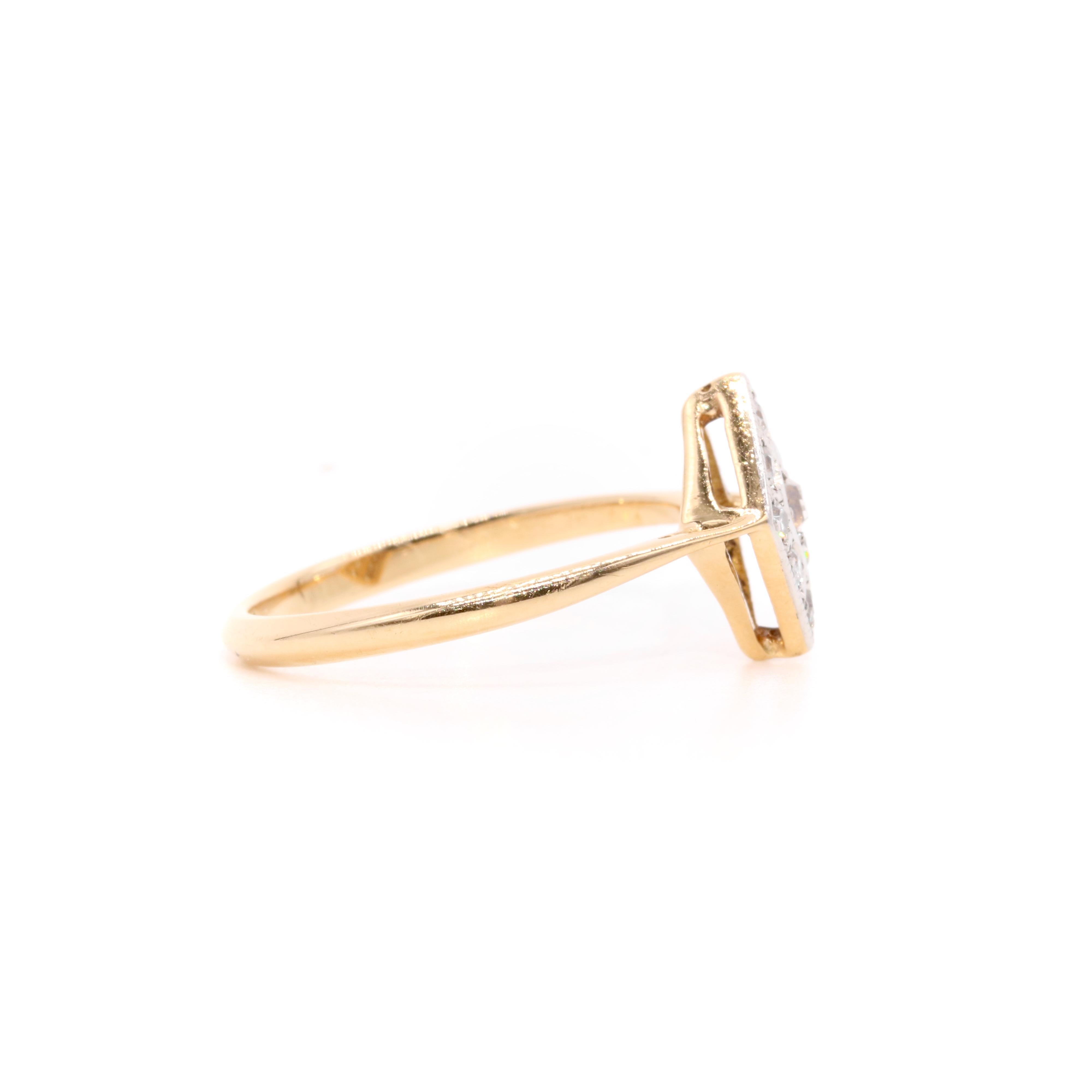 Women's or Men's Art Deco 1920s 18K Yellow Gold & Platinum Lozenge Shaped Diamond Ring For Sale