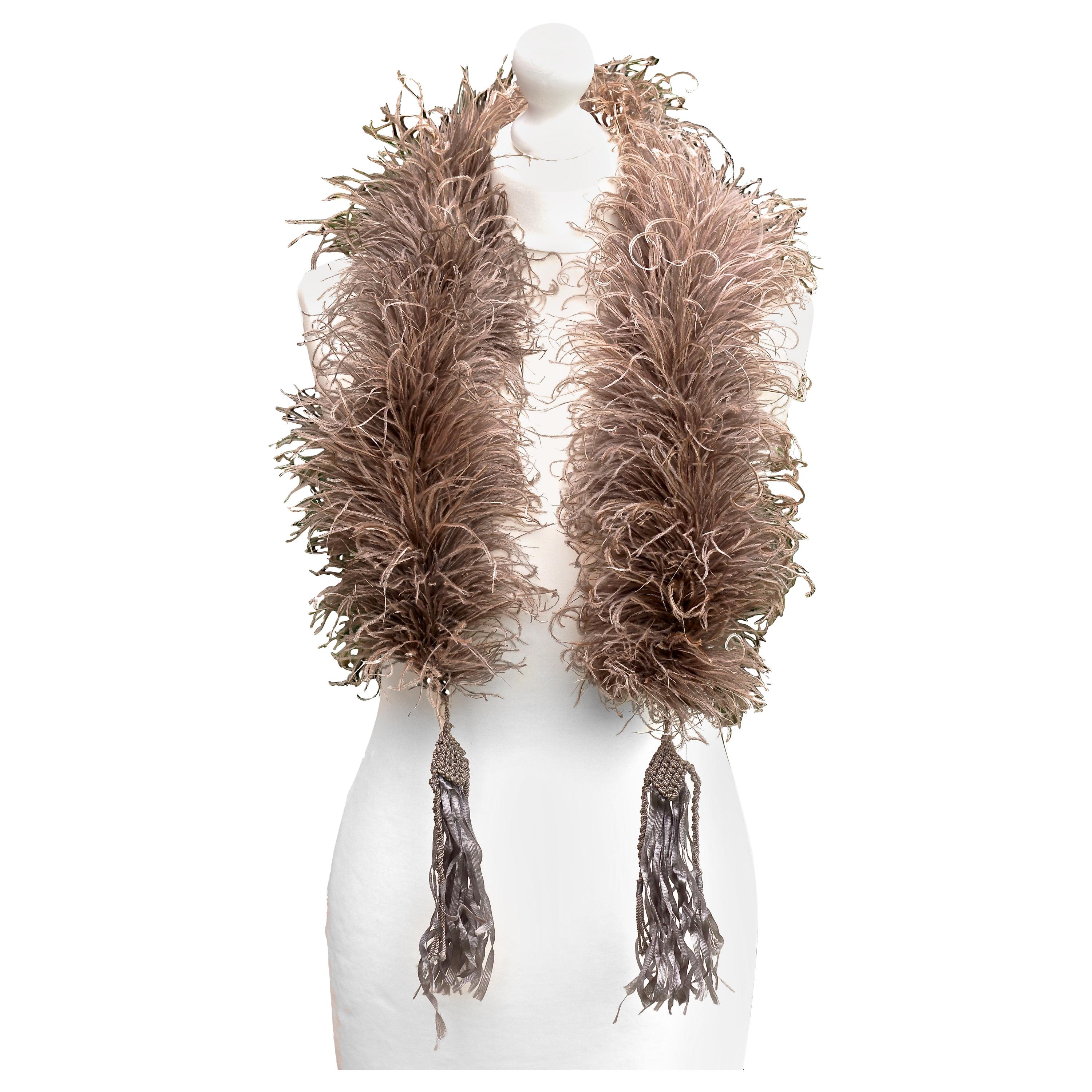 Art Deco 1920s 1930s Cocoa Brown Ostrich Feather Boa with Grey Tassels, Paris