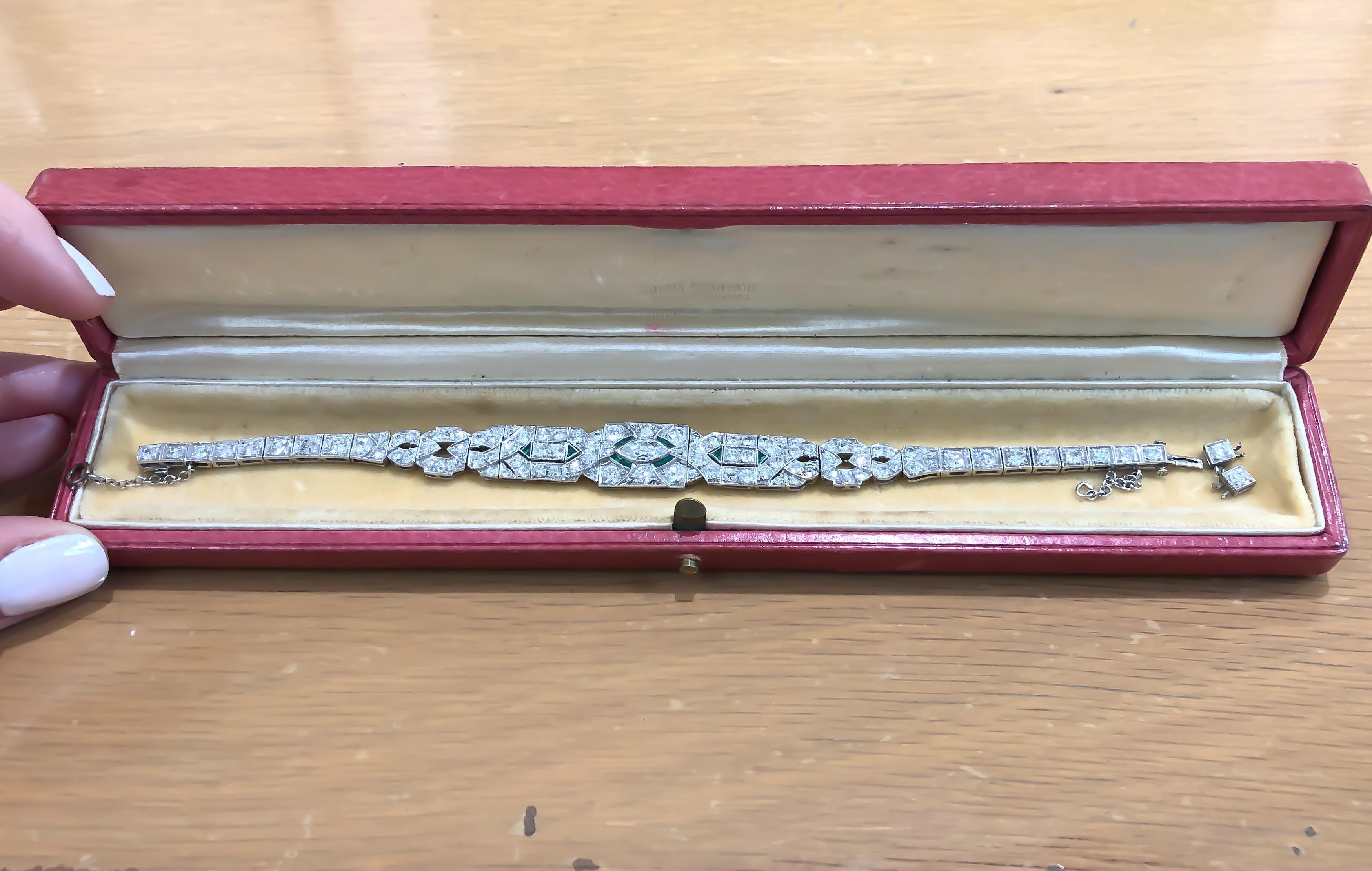 Art Deco 1920s 5 Carat Diamond and Emerald Platinum Bracelet 1