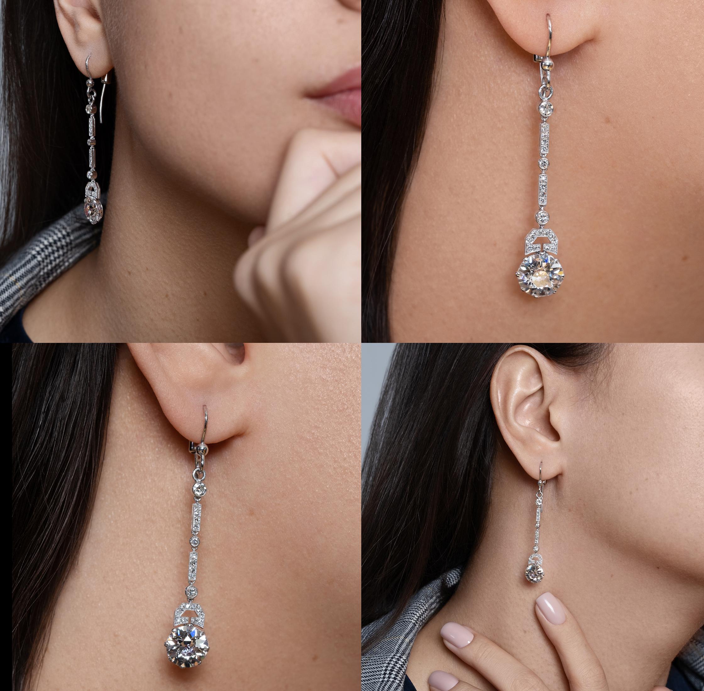 Art Deco 1920s 5.71ct Old European Diamond Drop Hanging Platinum Earrings 6