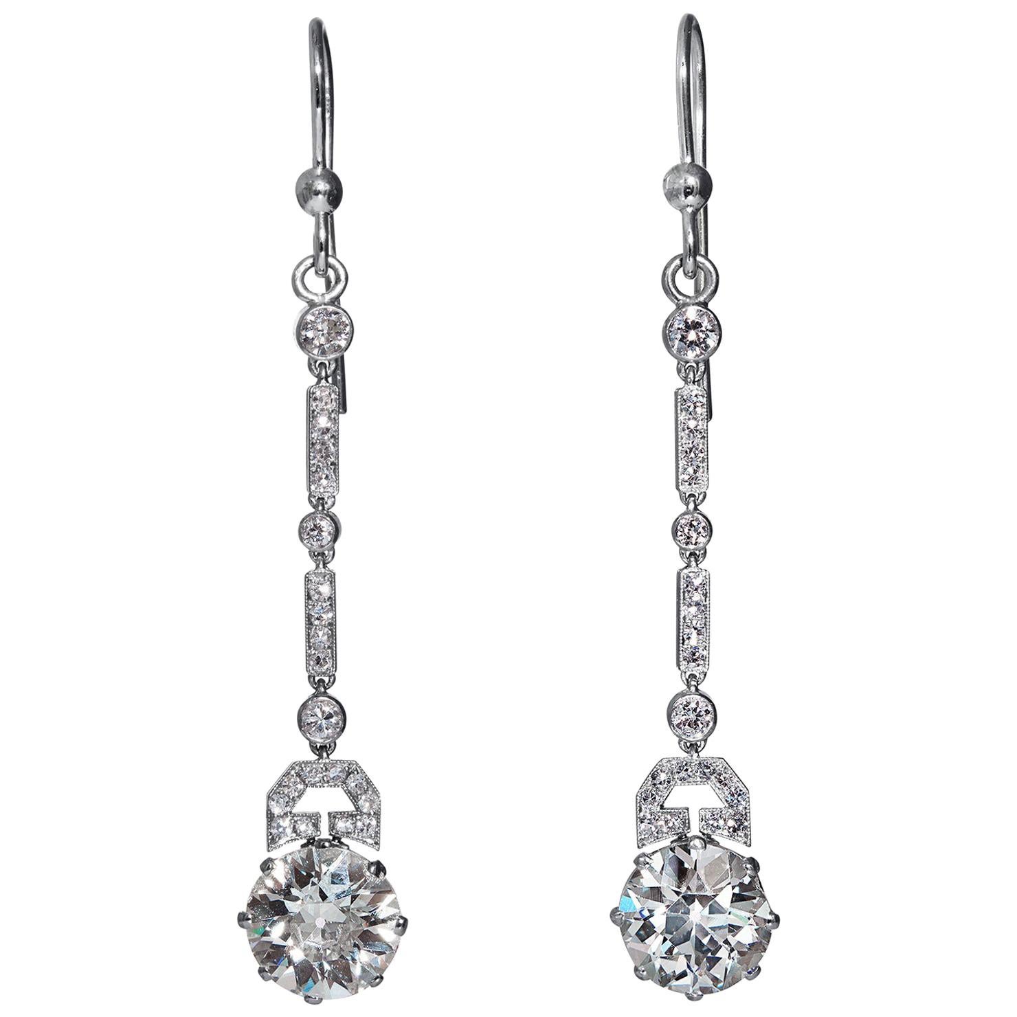 Art Deco 1920s 5.71ct Old European Diamond Drop Hanging Platinum Earrings