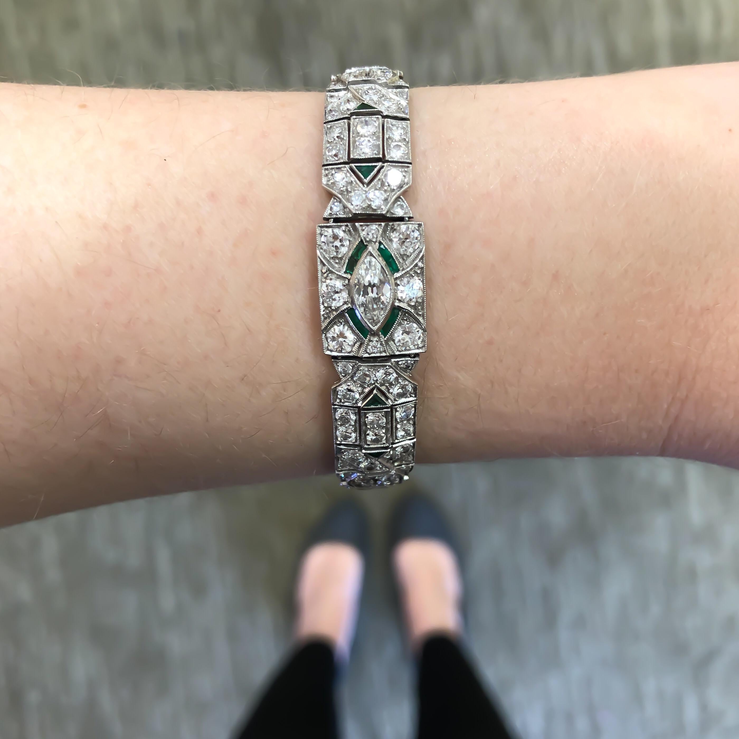 Art Deco 1920s 5 Carat Diamond and Emerald Platinum Bracelet In Good Condition In Carmel-by-the-Sea, CA