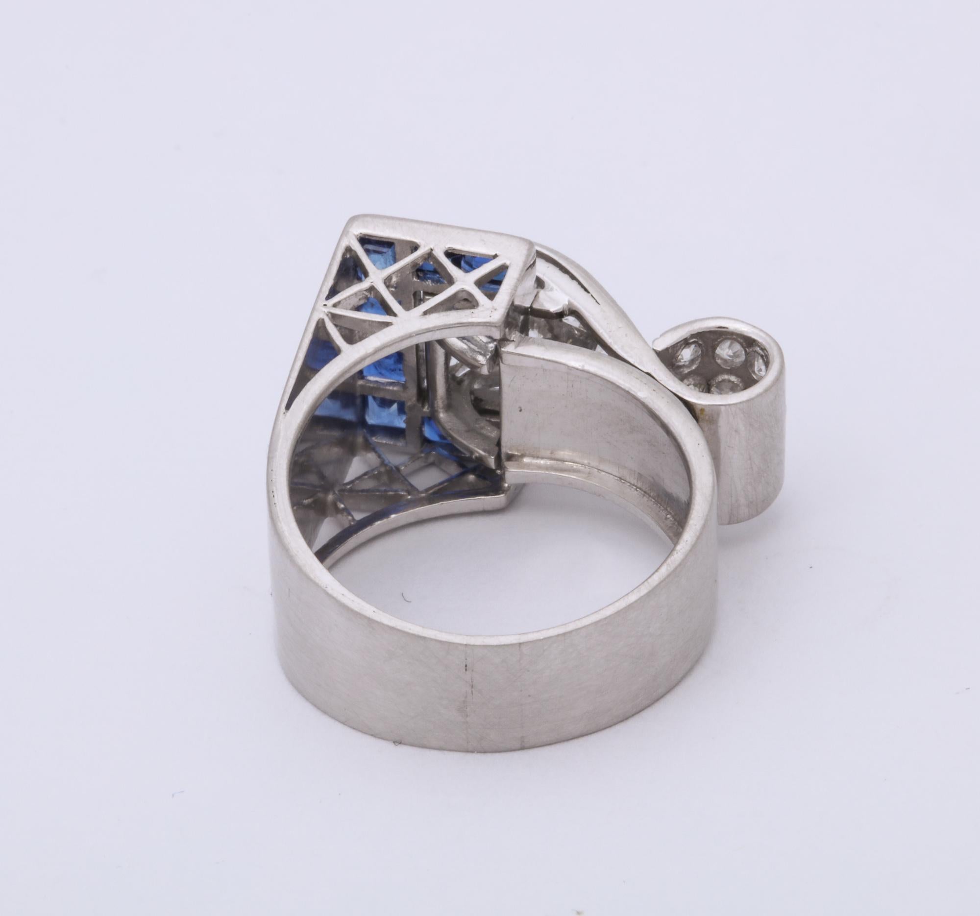 Art Deco 1930s Calibre Cut Sapphire Diamond Platinum Buckle Ring 1