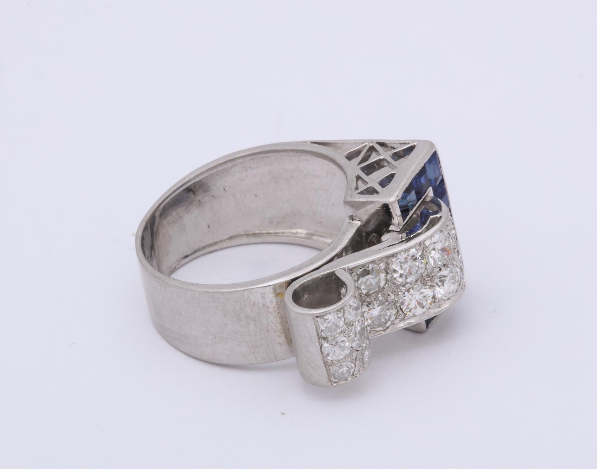 Art Deco 1930s Calibre Cut Sapphire Diamond Platinum Buckle Ring 2