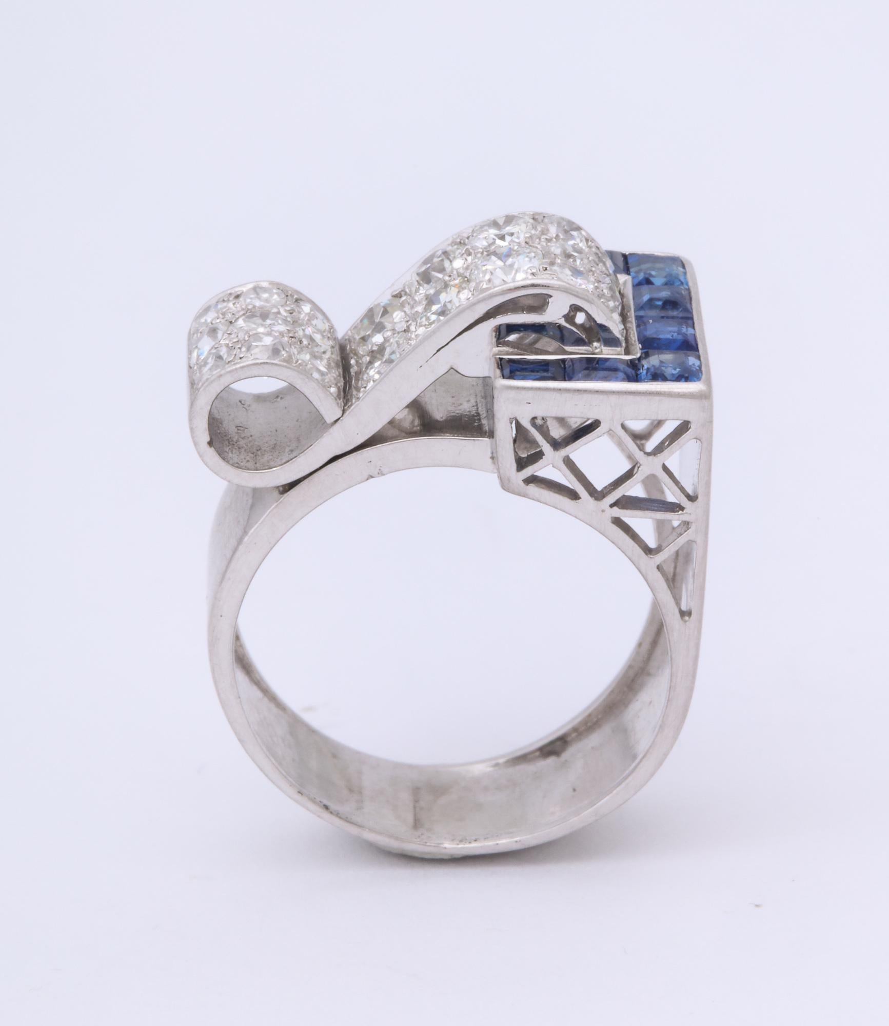 Art Deco 1930s Calibre Cut Sapphire Diamond Platinum Buckle Ring 3