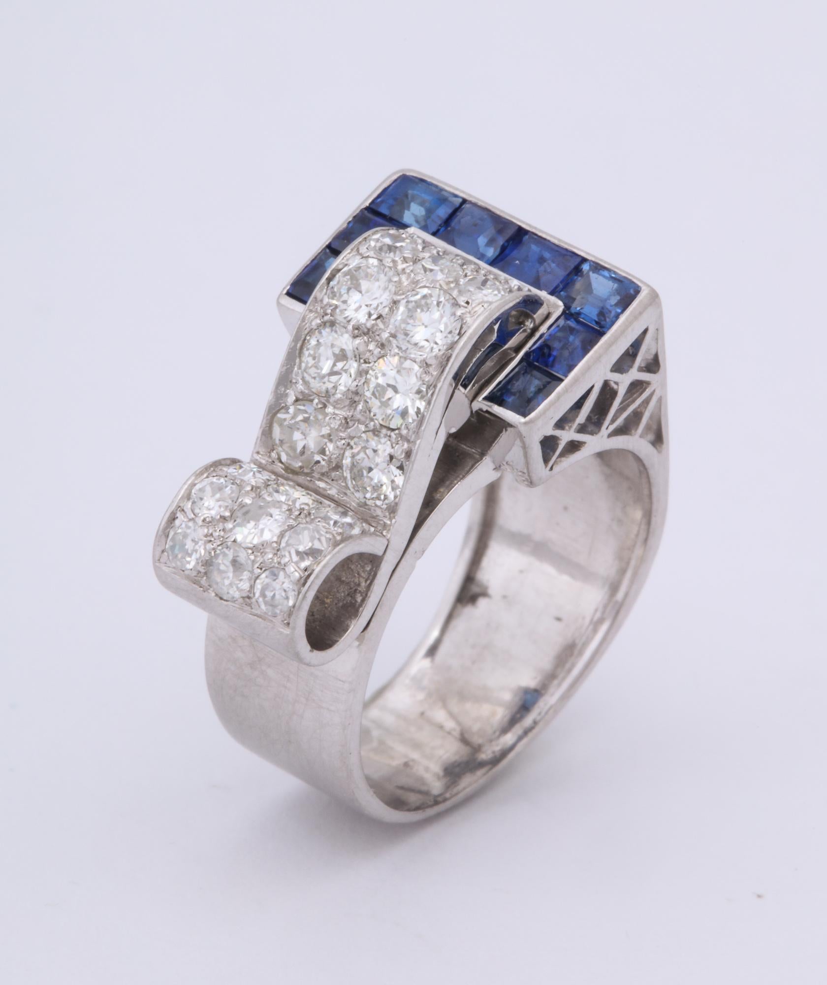 Art Deco 1930s Calibre Cut Sapphire Diamond Platinum Buckle Ring 4