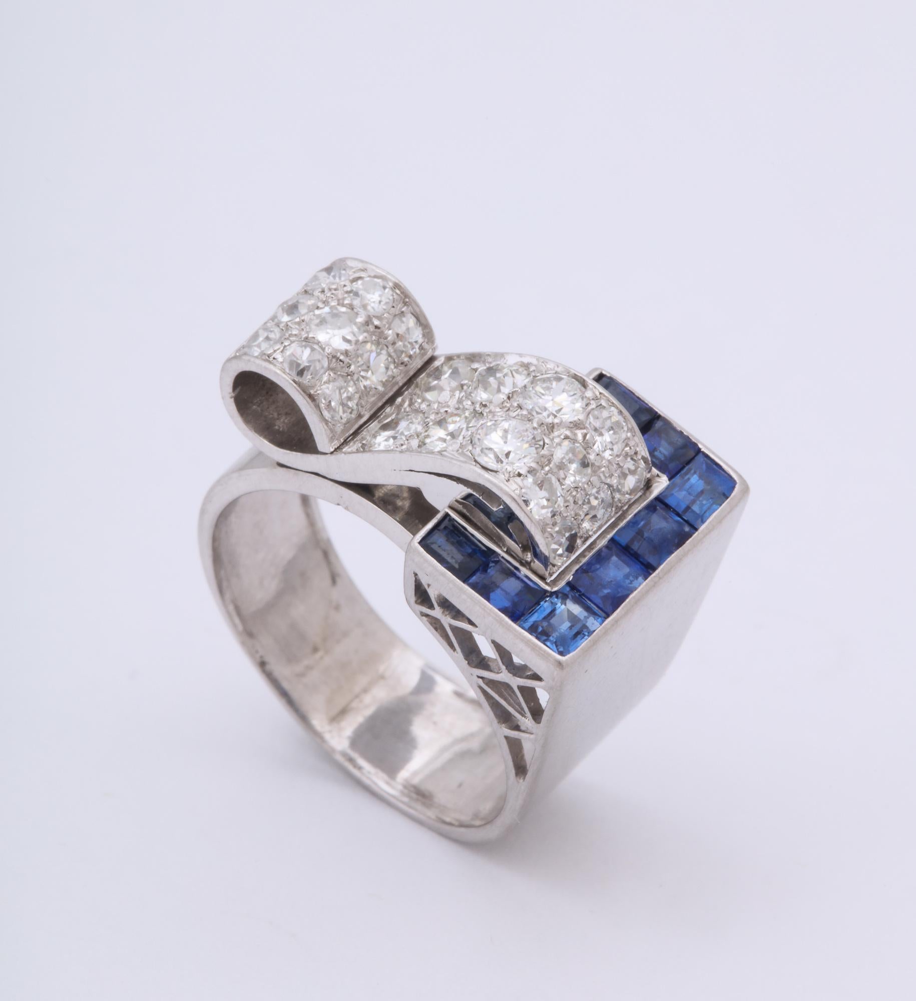 Art Deco 1930s Calibre Cut Sapphire Diamond Platinum Buckle Ring 5