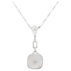 Art Deco 1920's Camphor Glass & Diamond Filigree Pendant Necklace in 14K White G