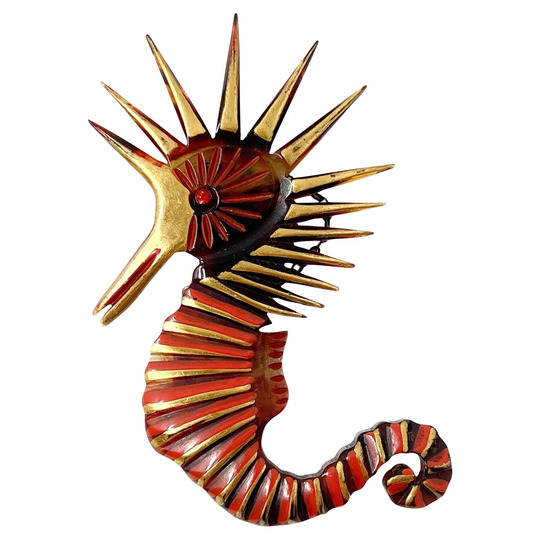 Art Deco 1920s Celluloïd et Rhinestone Vintage Hippocampe Broche