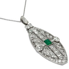 Art Deco 1920s Certified 7.37 Carat Diamond & Emerald Platinum Pendant Necklace