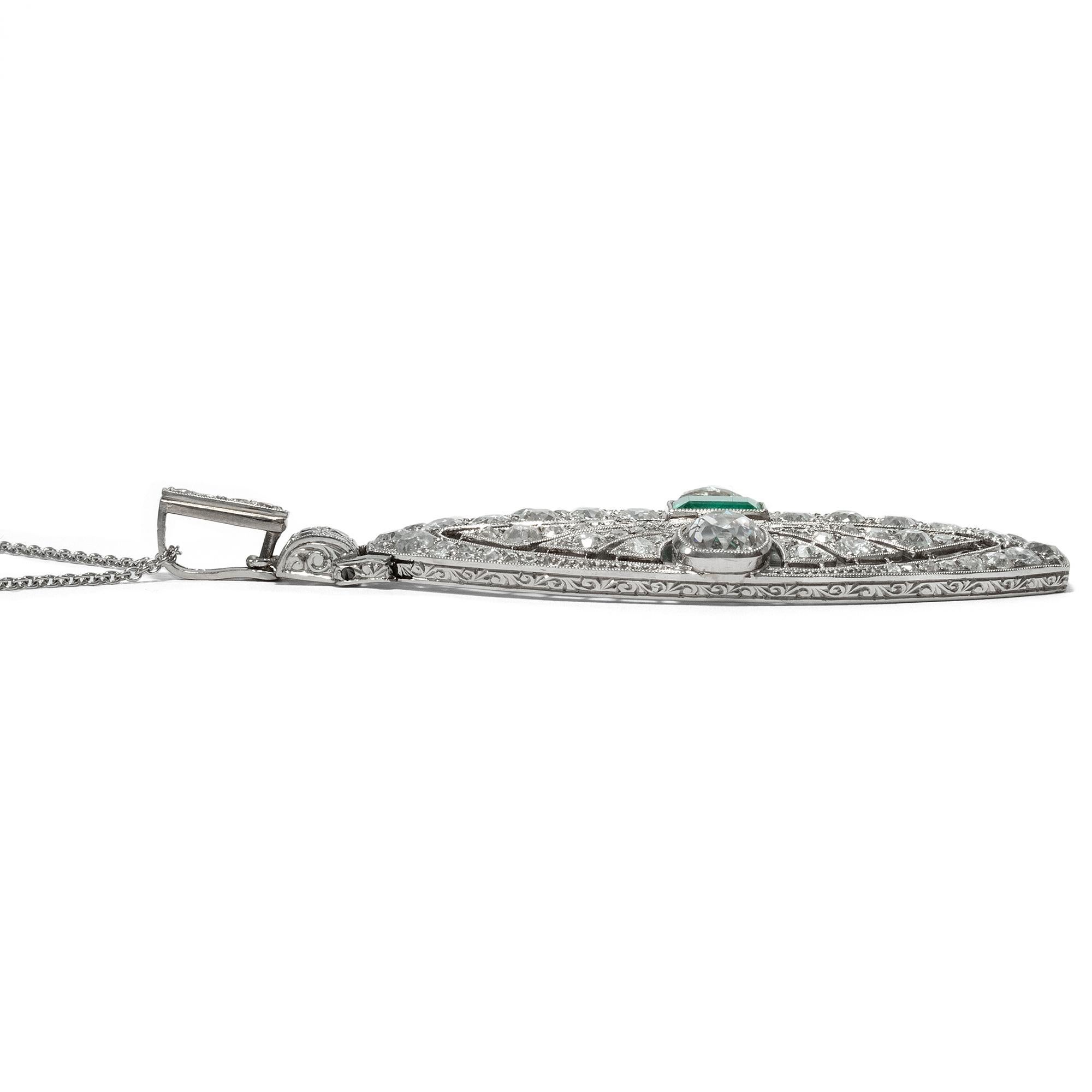Old European Cut Art Deco 1920s Certified 7.37 Carat Diamond & Emerald Platinum Pendant Necklace For Sale