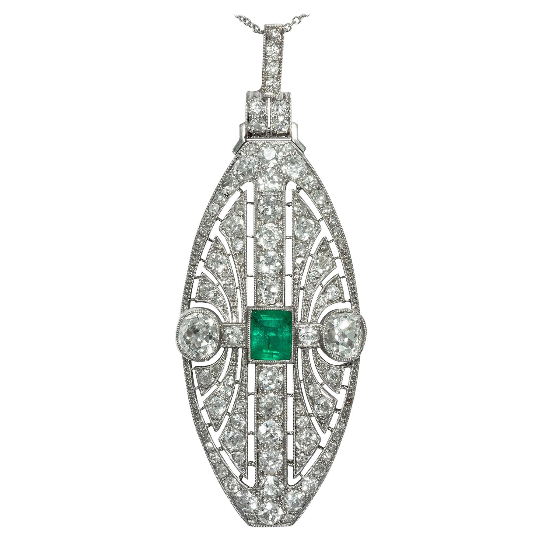 Art Deco 1920s Certified 7.37 Carat Diamond & Emerald Platinum Pendant Necklace For Sale