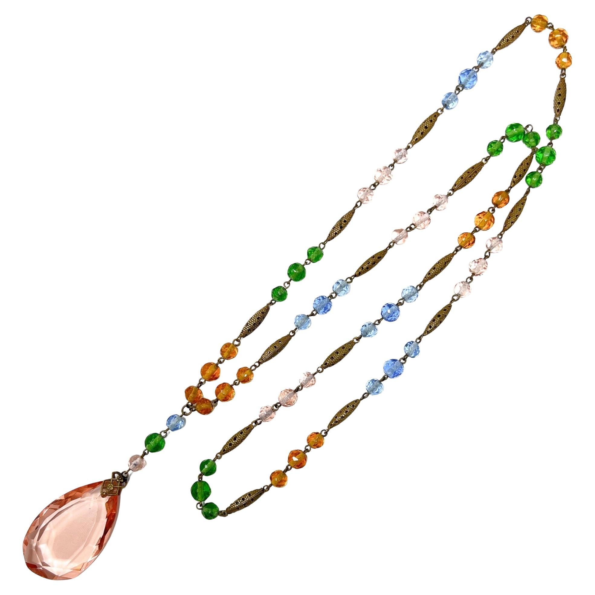 Art Deco 1920s Czechoslovakian Multi-Coloured Glass Vintage Pendant Necklace