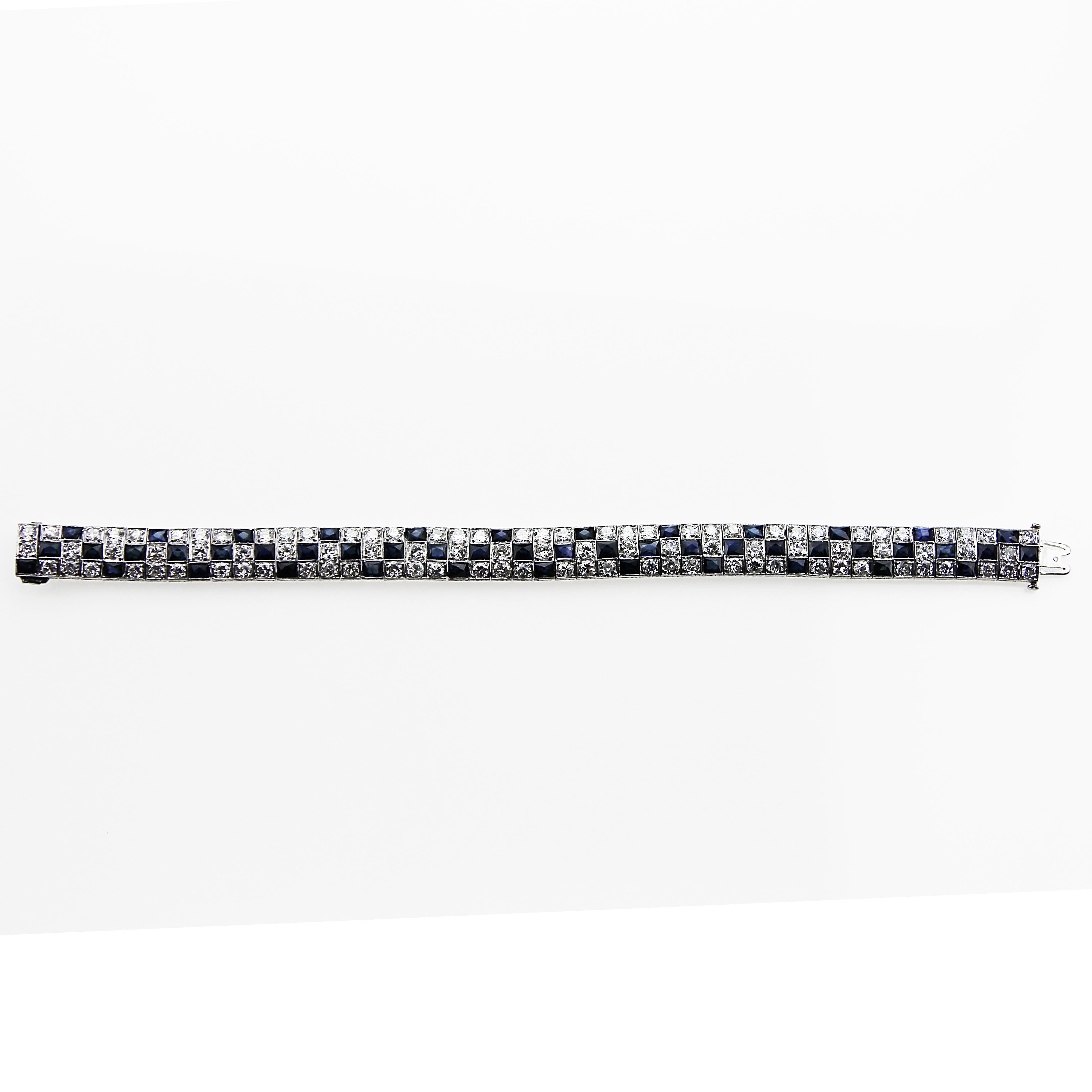 Antique Art Deco 1920 Old Cut Diamond & Sapphire Three Rows Bracelet In Excellent Condition In London, GB
