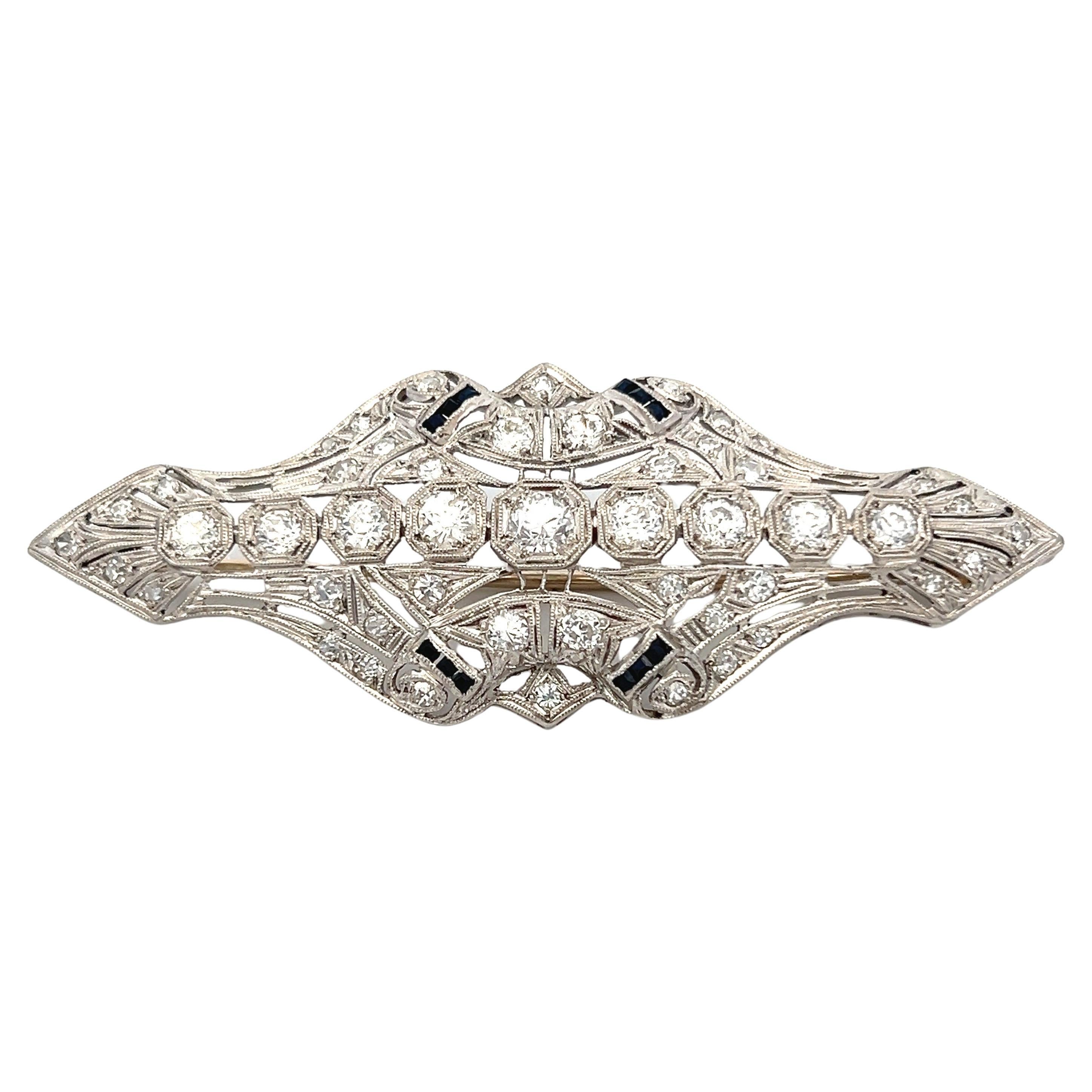 Art Deco 1920s Diamond and Sapphire White Gold Brooch/Pin