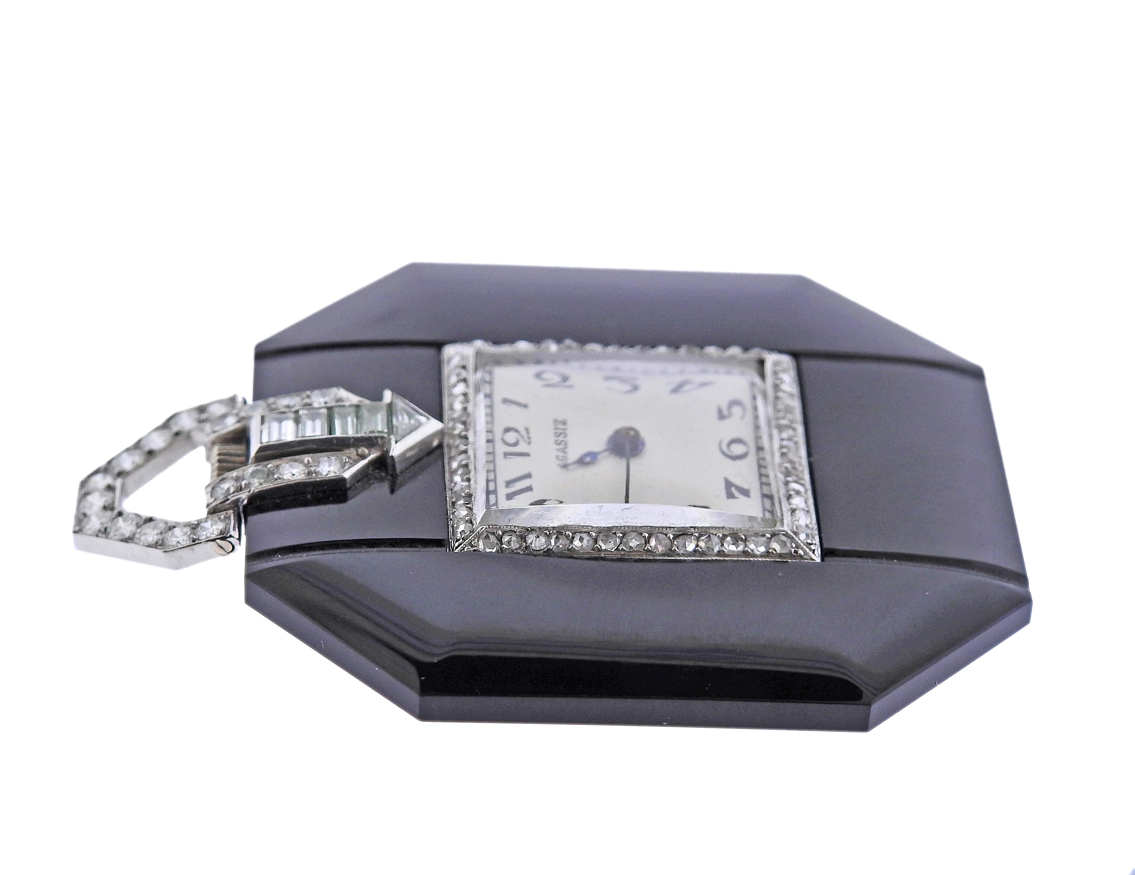 Round Cut Art Deco 1920s Diamond Onyx Platinum Watch Pendant