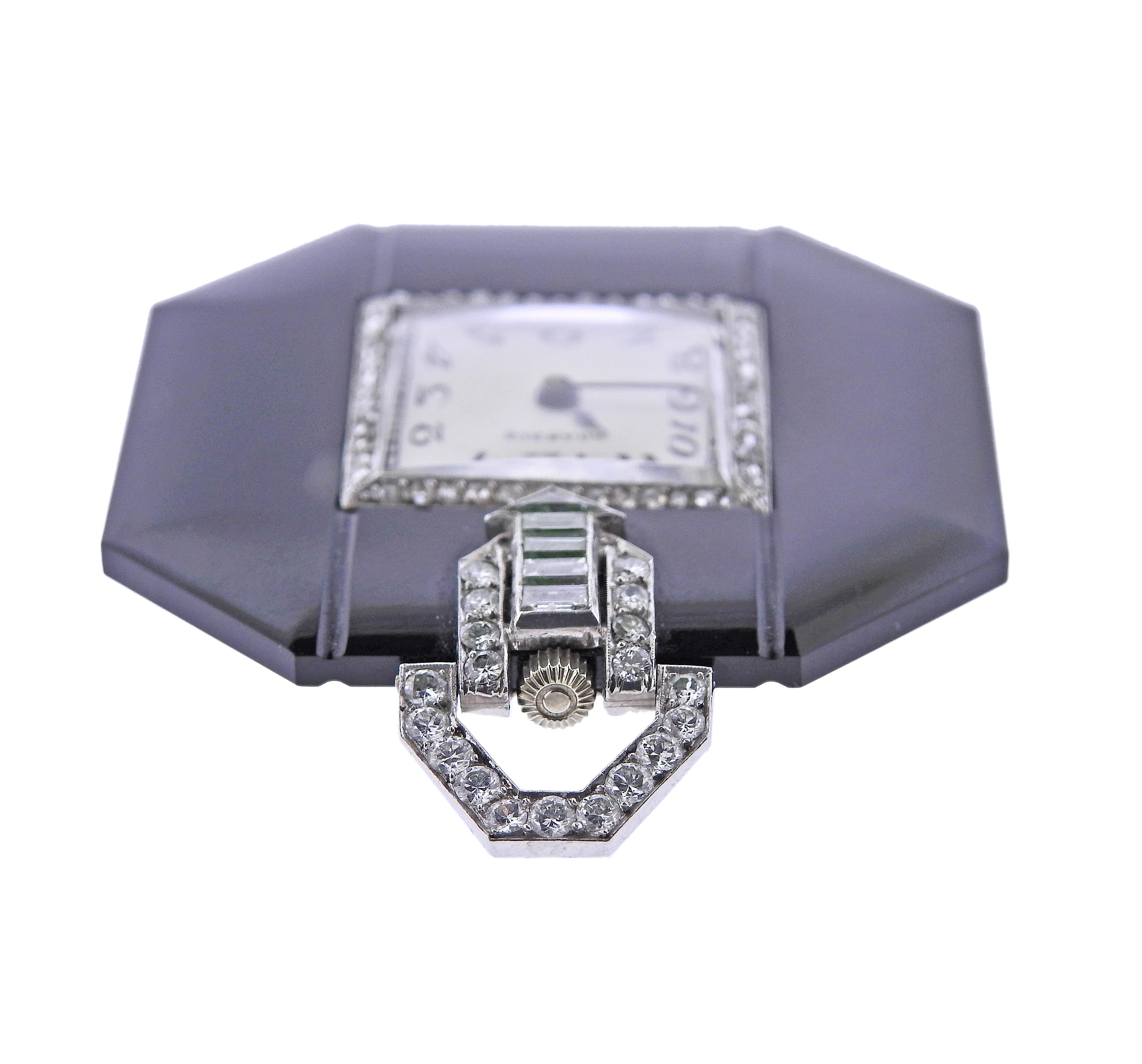 Art Deco 1920s Diamond Onyx Platinum Watch Pendant In Excellent Condition In New York, NY