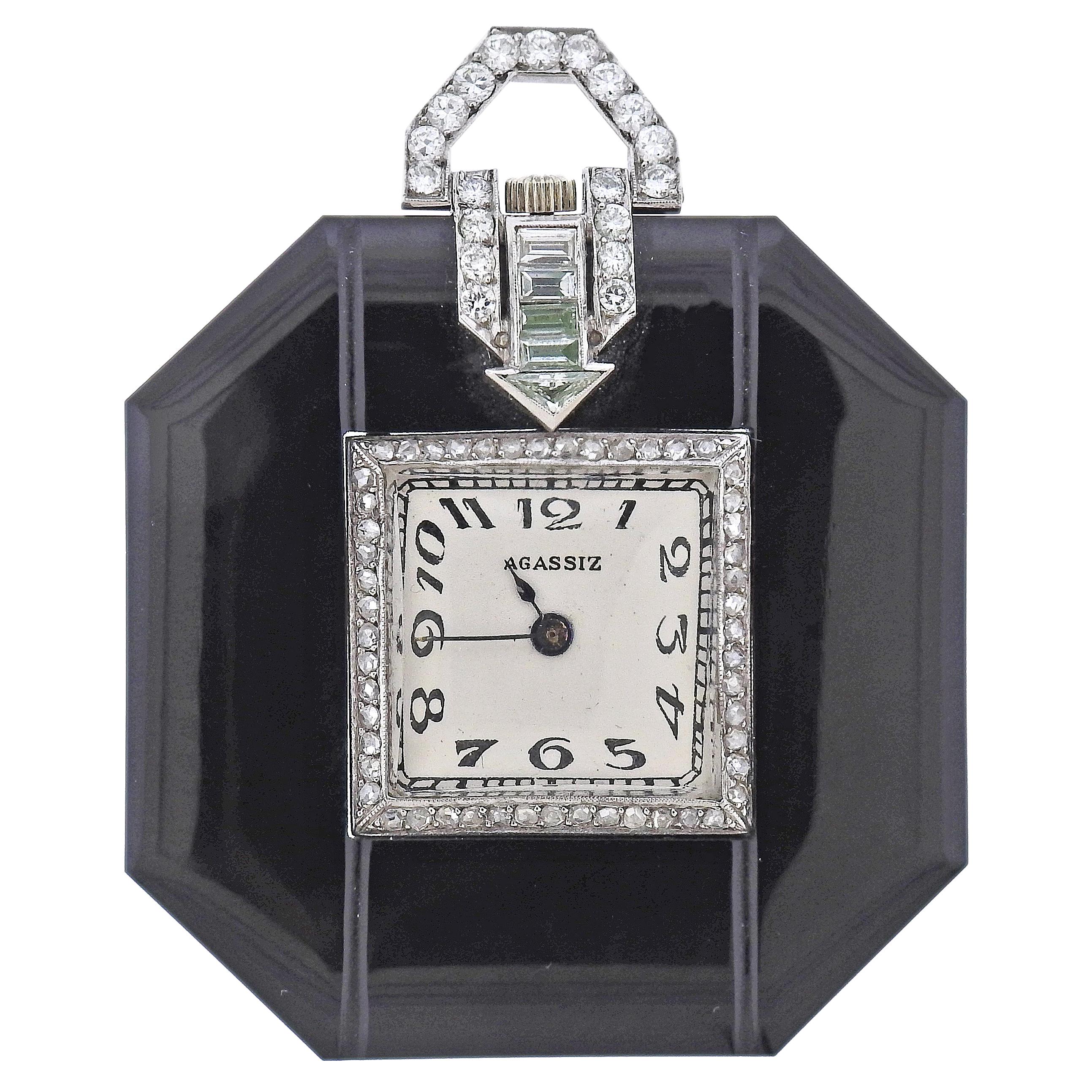 Art Deco 1920s Diamond Onyx Platinum Watch Pendant