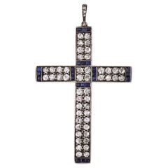 Art Deco 1920s  Diamond with Calibre Cut Sapphire Gold, Platinum Cross