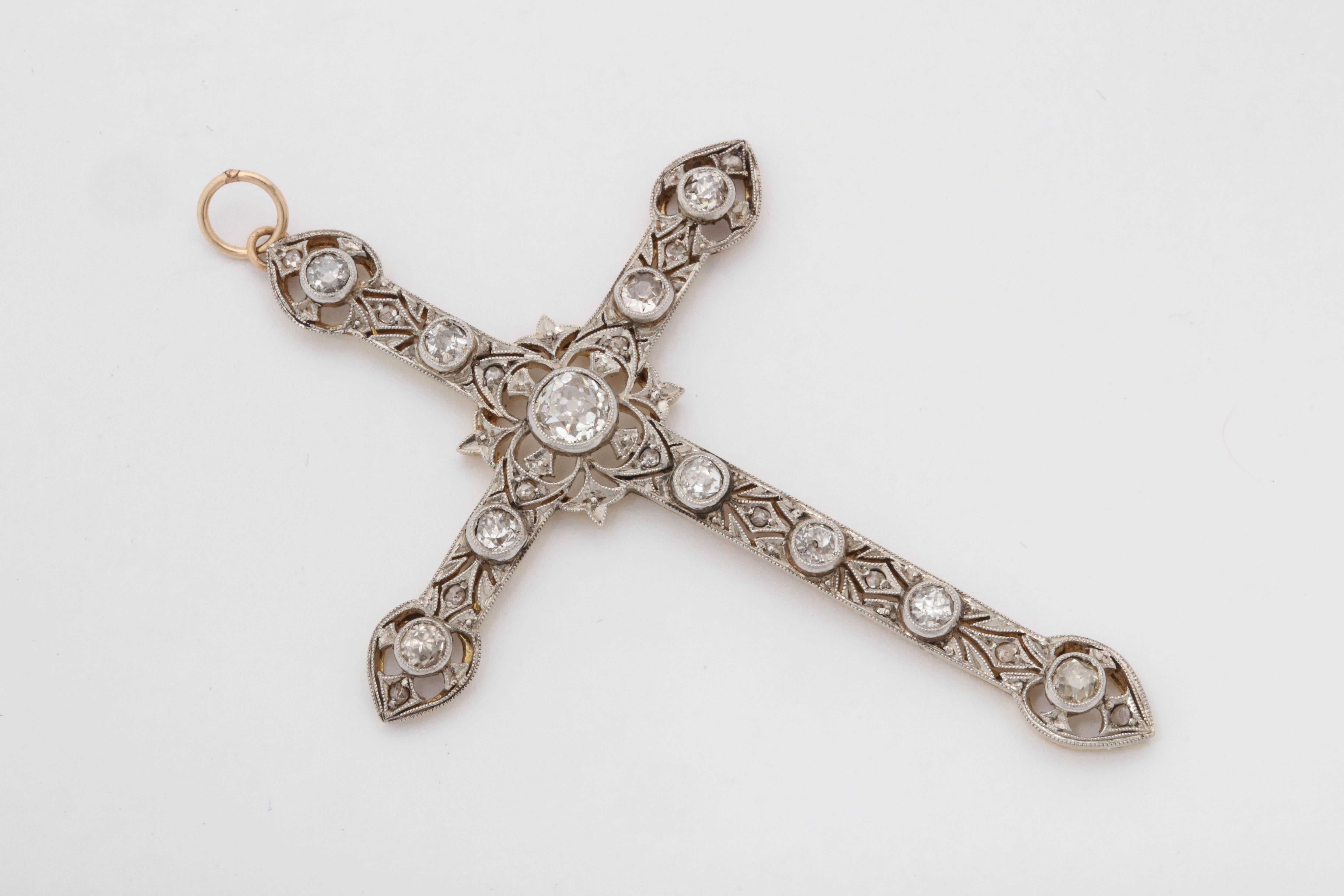 Women's Art Deco 1920s Diamond with Open Pierced Workmanship Gold and Platinum Cross For Sale